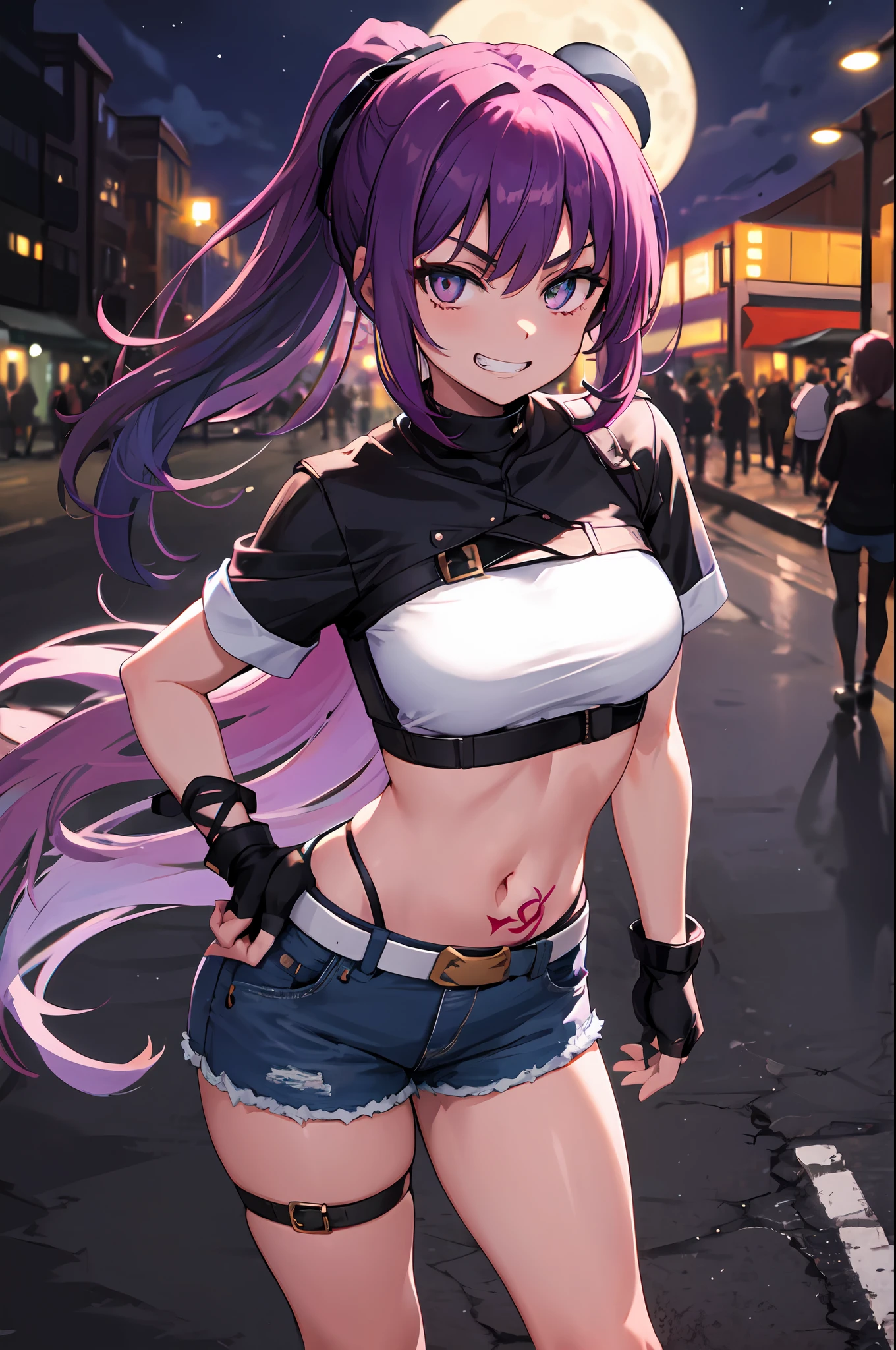 (masterpiece, best quality), 1girl, confident, grin, ponytail, violet hair, tattoos, black crop top, denim shorts, fingerless gloves, night street, moonlight, looking at viewer, belt, detailed eyes, standing, (serious)