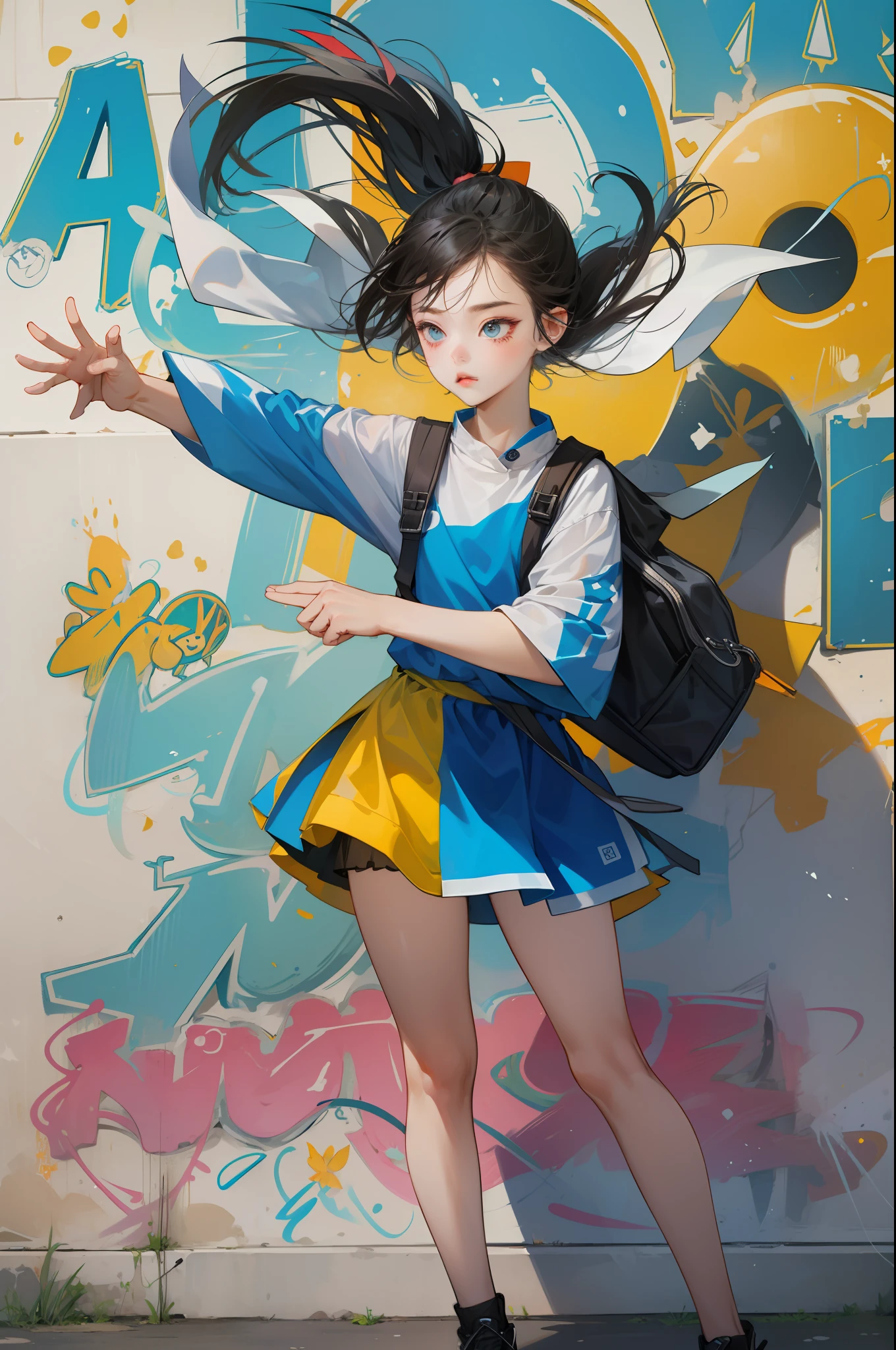 1 cute little girl avatar, graffiti art, perfect light, exaggerated movements, delicate face