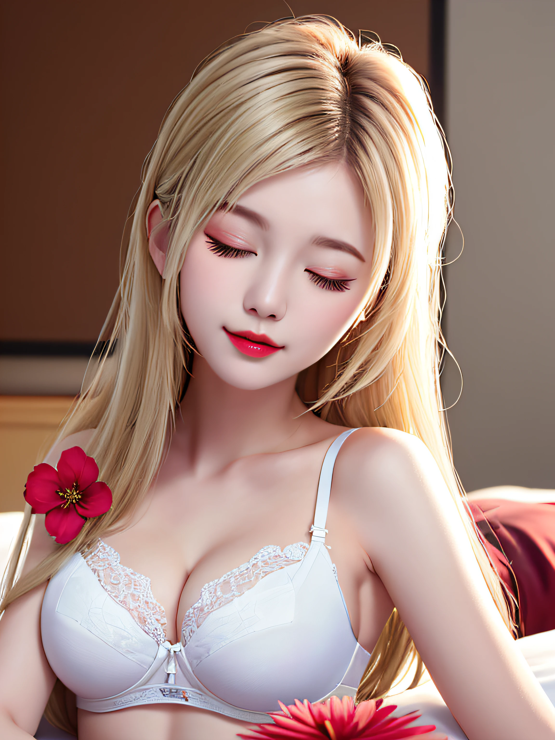 (((Female teacher lying on the bed)))v6, (long blonde-white hair), translucent clothes, visible, superb, ultra high definition, RAW photography, realism 1.25), (bright lip gloss, long eyelashes, smooth) face, bright skin, natural shadows, wide light, wide light, depth of field, strong colors, subtle caustics: 0.8), (big), v6 (bra made of transparent white and red flowers, miniskirt,))), sleeveless, ((eyes closed, face down)), lower body slender, behind the woman, there are various flowers beautiful (absurd, high resolution, super detail),