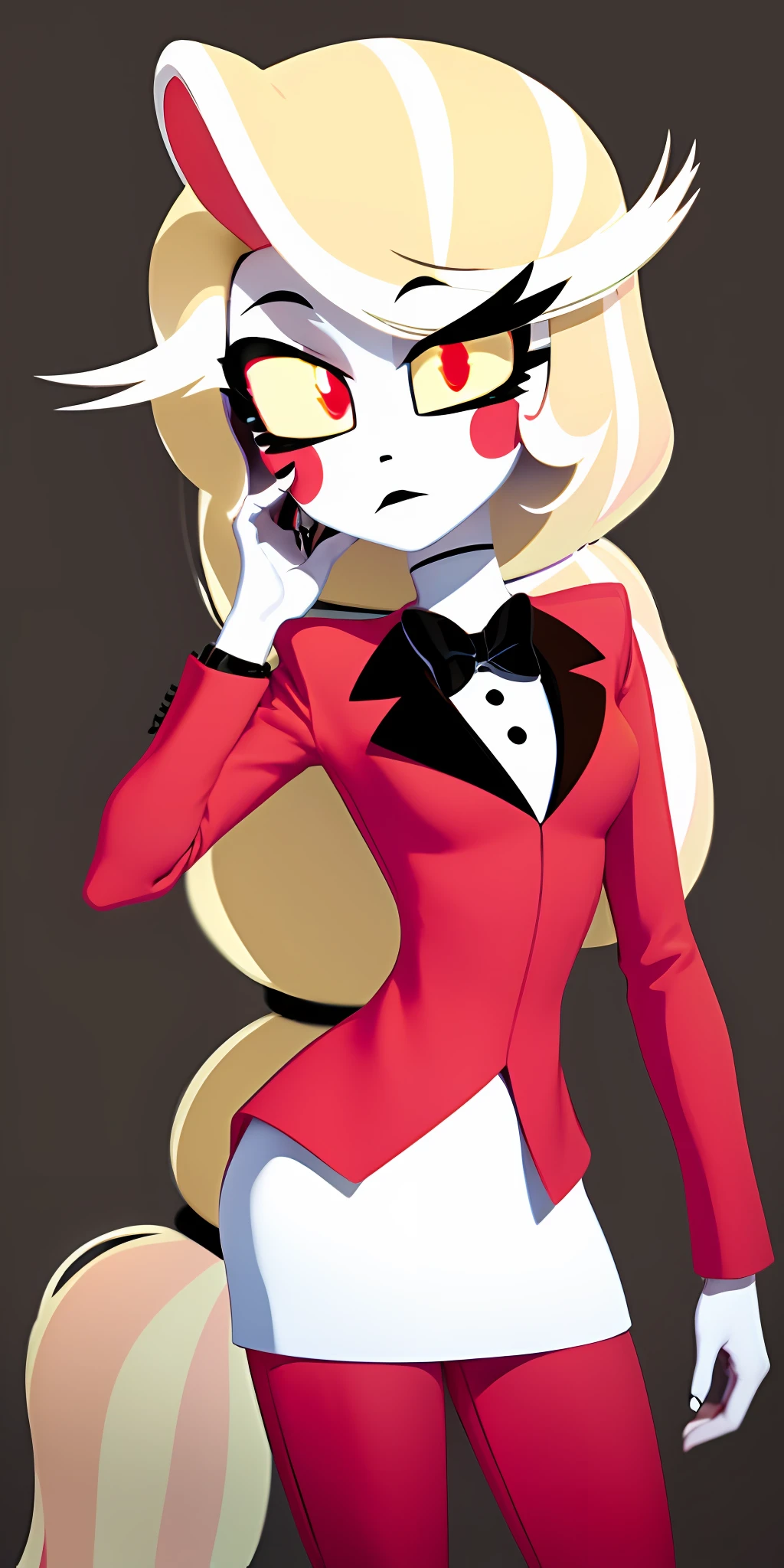 Charlie Morningstar, long hair, red suit, red pants, 1girl, yellow sclera, blonde hair, white skin