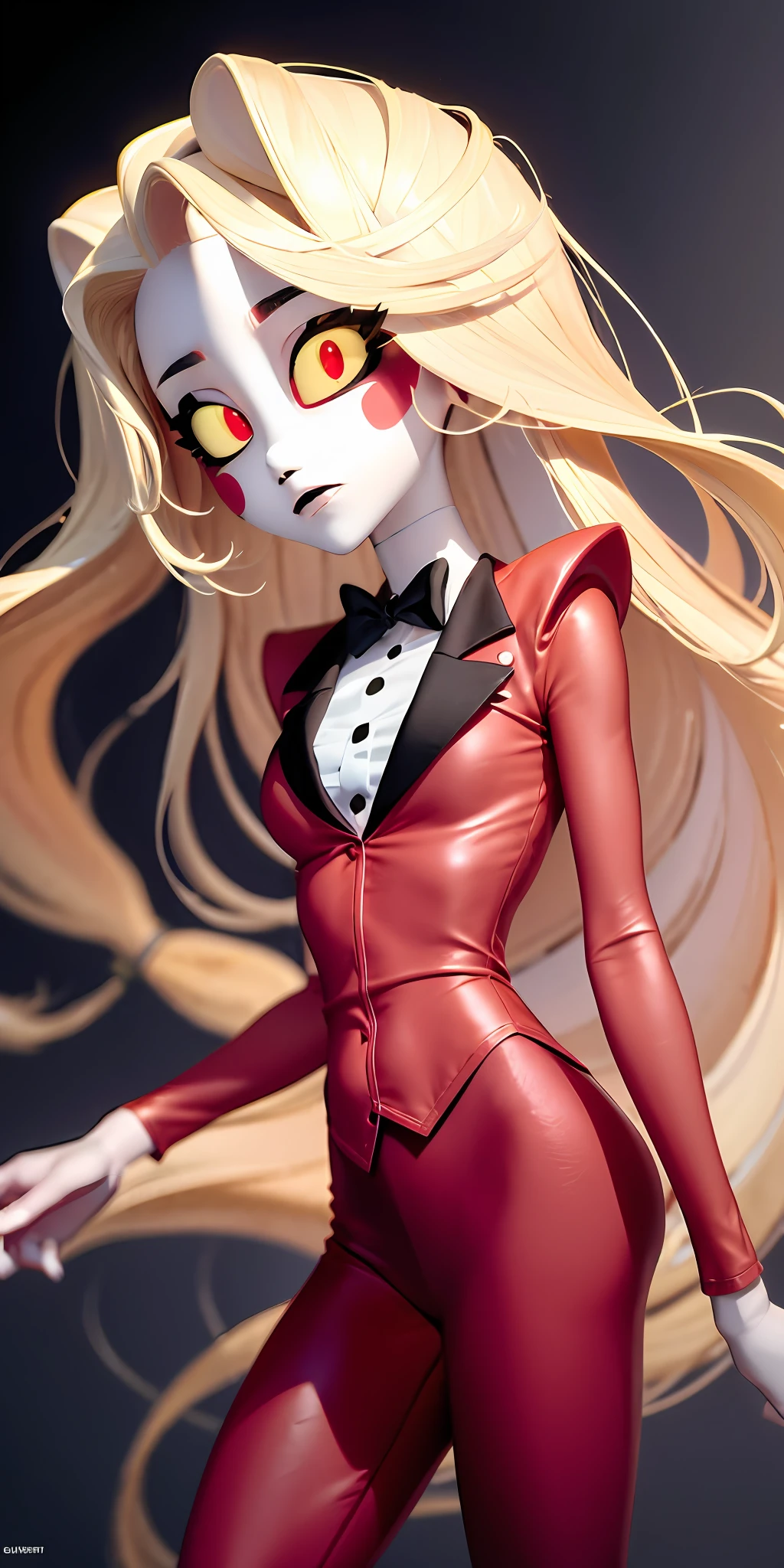 Charlie Morningstar, long hair, red suit, red pants, 1girl, yellow sclera, blonde hair, white skin