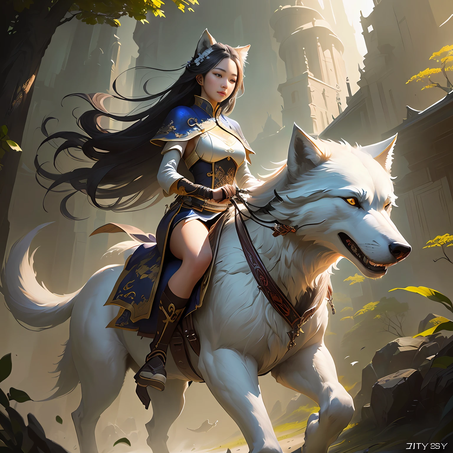 Riding a big white wolf, by J. Yang, cgsociety, Zhong Fenghua, Fantasy Art Behans, Pan Chengwei on ArtStation, by Jason Chan, Fantasy Art Style, Li Song, Ryan Yee, [cgsociety trends]!, Deviantart artstation cgscosiety