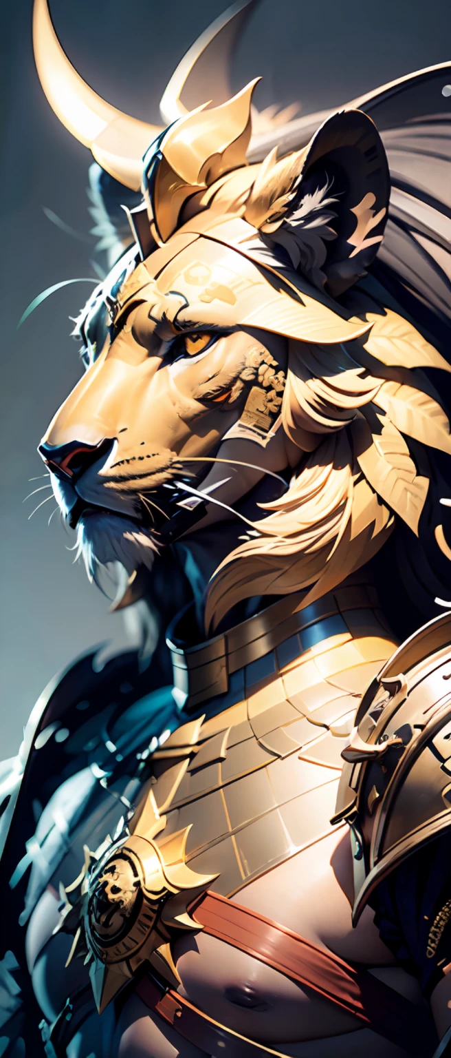 3dcreature cute lion wearing knight armor with detailed floral ornament, 1boy, big eyes, chibi, Photorealistic, Hyperrealistic, Hyperdetailed, analog style, hip cocked, demure, low cut, black lace, detailed skin, matte skin, soft lighting, subsurface scattering, realistic, heavy shadow, masterpiece, best quality, ultra realistic, 8k, golden ratio, Intricate, High Detail, film photography, soft focus