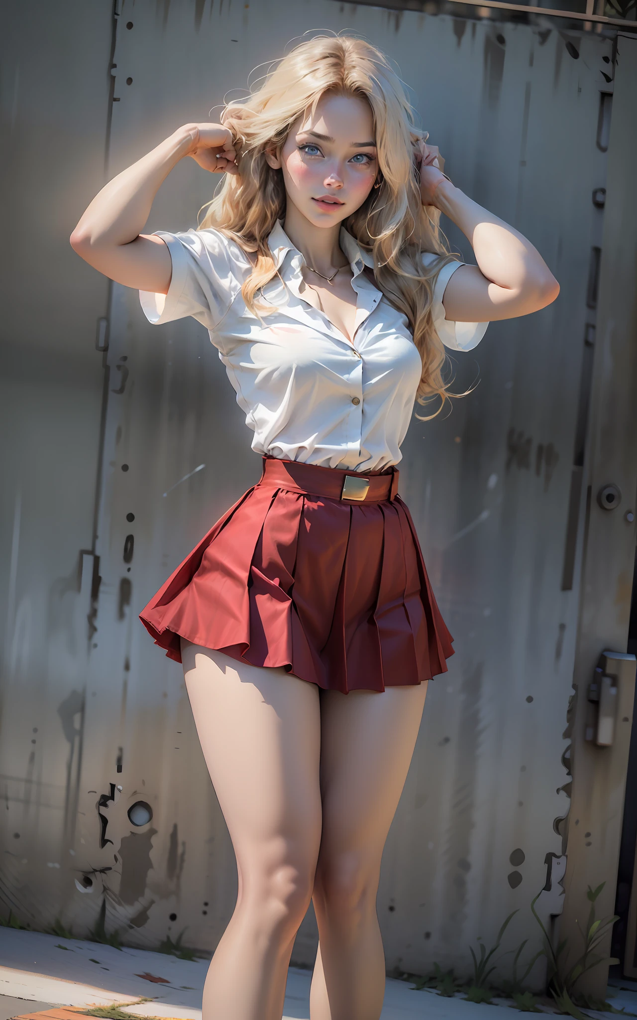 ((best quality, best resolution, absurd, 8k, masterpiece)) ,1girl, woman,Helen Slater (Supergirl Actress),young woman, 19 years old, long blonde hair, expressive blue eyes, female Korean school uniform (white blouse and pleated miniskirt), Supergirl cosplay wearing female Korean school uniform, medium-large bust,