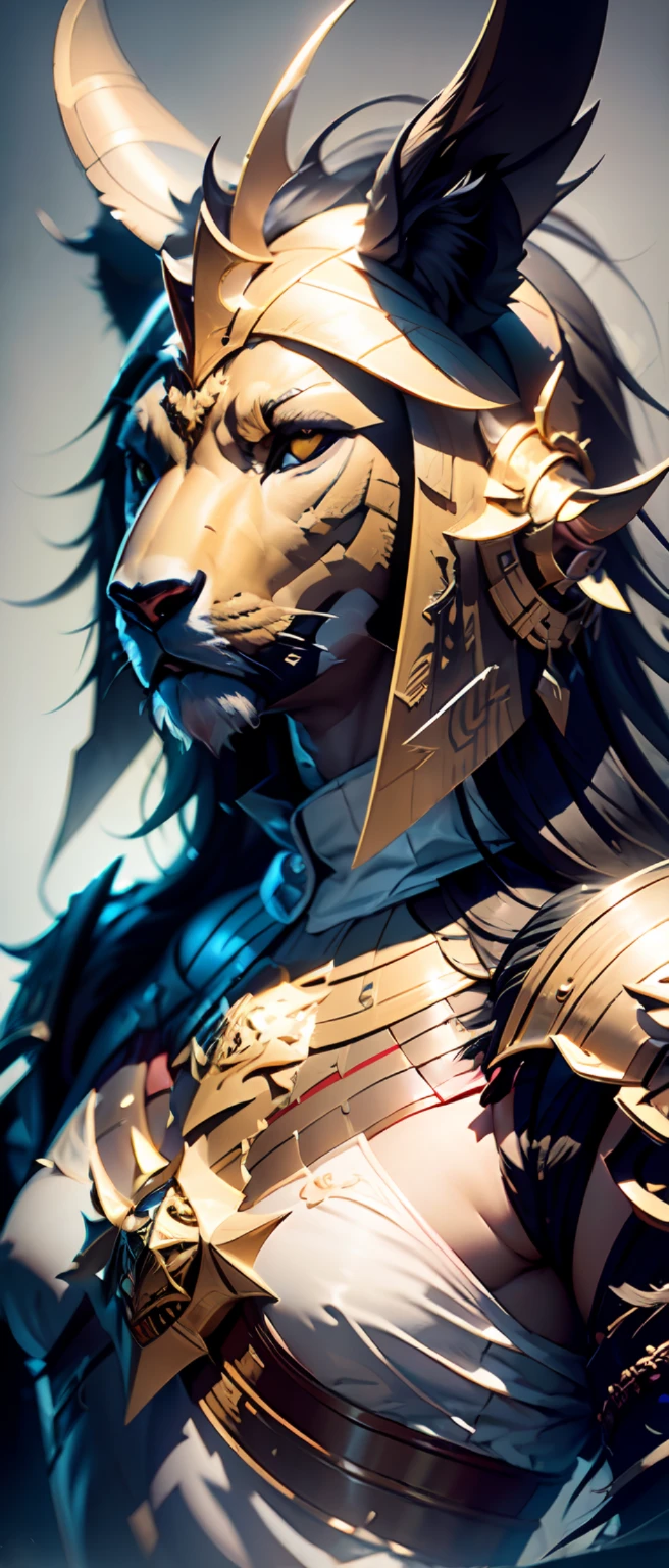 3dcreature cute lion wearing knight armor with detailed floral ornament, 1boy, big eyes, chibi, Photorealistic, Hyperrealistic, Hyperdetailed, analog style, hip cocked, demure, low cut, black lace, detailed skin, matte skin, soft lighting, subsurface scattering, realistic, heavy shadow, masterpiece, best quality, ultra realistic, 8k, golden ratio, Intricate, High Detail, film photography, soft focus