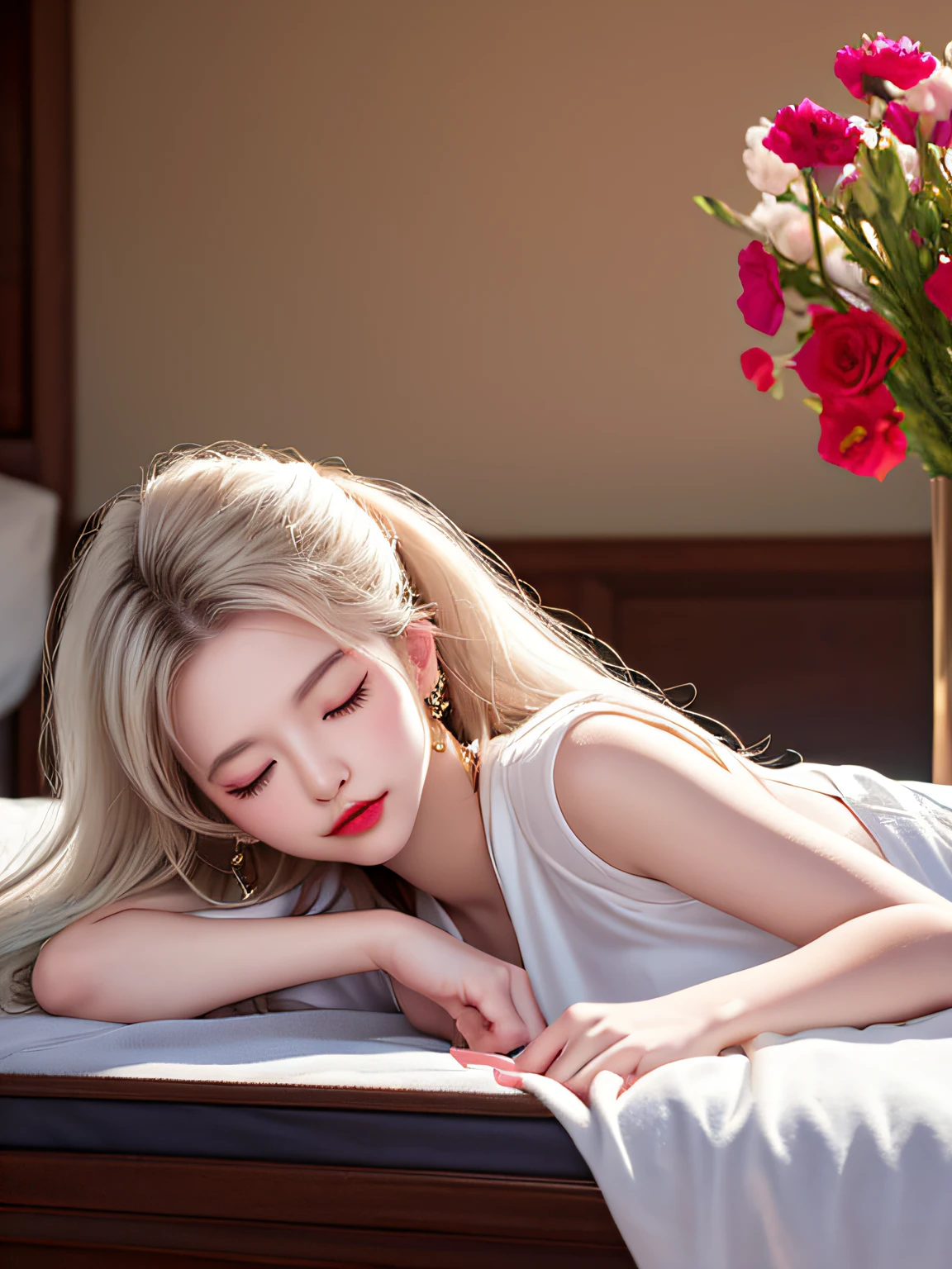 (Female teacher lying on bed)))v6, earrings, full body v6, (long golden white hair), translucent clothes, look, superb, ultra high definition, RAW photography, realism 1.25), (bright lip gloss, long eyelashes, smooth) face, bright skin, natural shadows, wide light, wide light, depth of field, strong colors, subtle caustics: 0.8), (big), v6 ( translucent white blouse))), sleeveless, ((eyes closed, face down)), lower body slender, behind the woman, there are beautiful various flowers (absurd, high resolution, super detail),