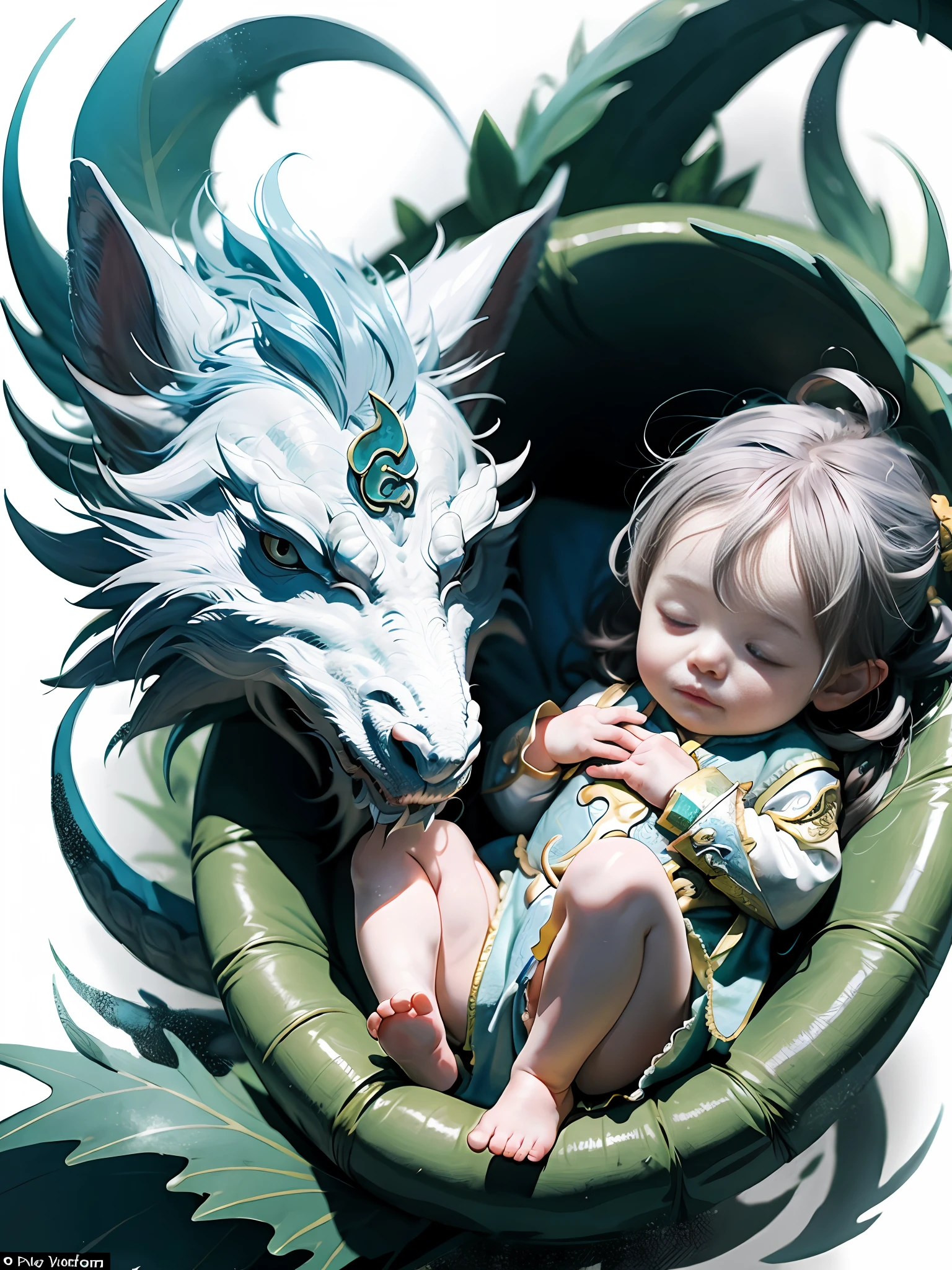1 month old baby, asleep holding a white dragon in the shape of Chinese mythology, pictured in 4K HD