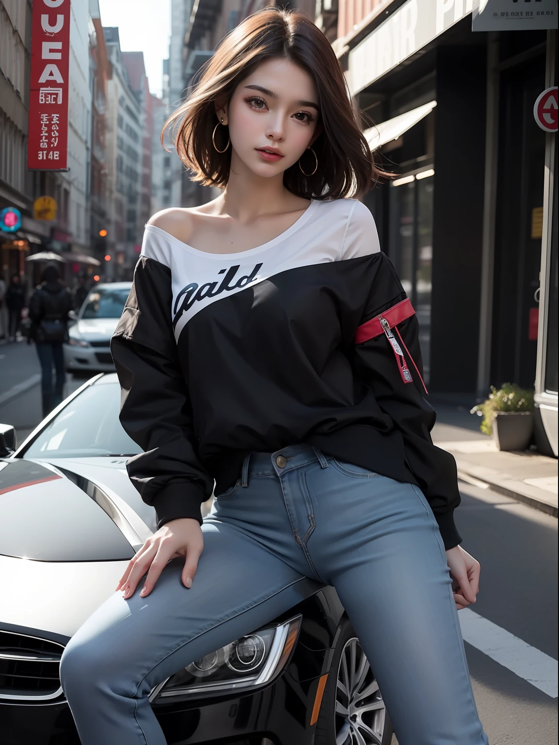 top quality, masterpiece, super high resolution, (lifelike: 1.4), a girl, off-the-shoulder, dark shadow, detailed face, detailed eyes, shiny skin, sunset [:ultra-realistic, complex design, (Crazy Detail: 1.4), (Very Fine Detail: 1.35), Extremely Fine Detail: 1.35), Extremely Realistic Sharp Lines, (Photo Realisticity: 1.5), Masterpiece, Best Quality, Ultra Detail, 8K, ((Masterpiece)), (Best Quality), (Detail), (High Resolution: 1.4), (Detail: 1.5), (Reality: 1.7): 0.75] Rest, car, denim, pants, jeans, motor vehicle, 1 girl, jacket, ground vehicle, outdoor activities, brown hair, shirt, short hair, looking at the audience, personal focus, blur, road, street, standing, black jacket, white shirt, arms sides, sky, blurred background, blue pants, construction, long sleeves, open clothes, clothes writing, jewelry, brown eyes, earrings, feet out of the frame, open jacket, city, reality, rtx on, nsfw, pose (bent knees and legs open), front