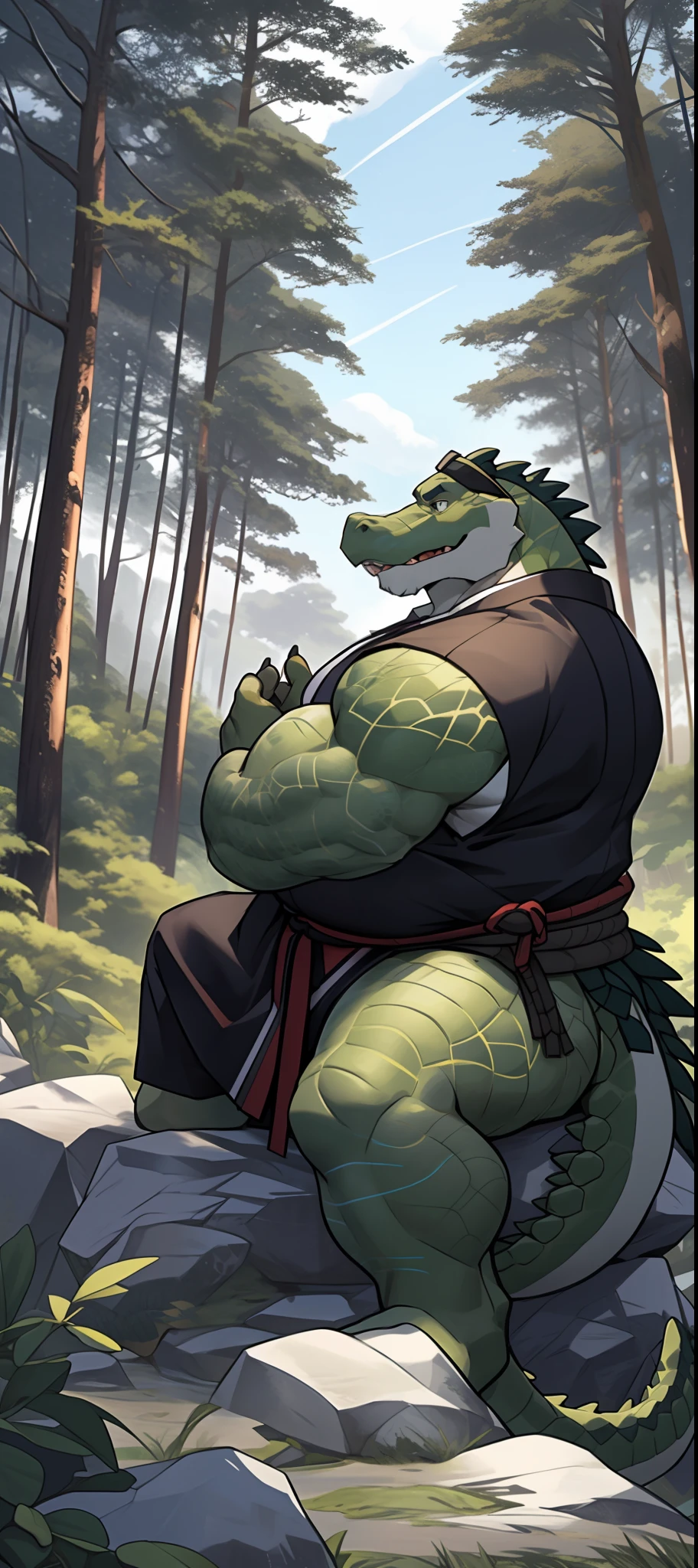anthro, male, old chubby alligator, green Alligator, (detailed eyes), detailed clothing, big fat. overweight, white beard, Samurai clothes, forest background, winding, sitting meditation on big rock (wild_long_Beard), (mustache), pov side view, big alligator tail, (pov point to View),