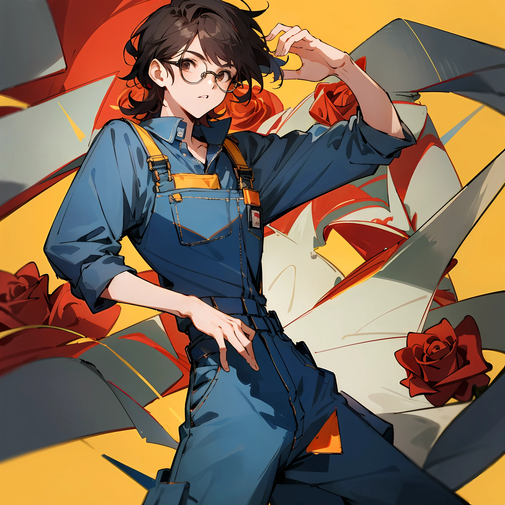 Drawing of a red rose and a red target with blue flex, man, 30 years old, overalls clothing, glasses, medium hair