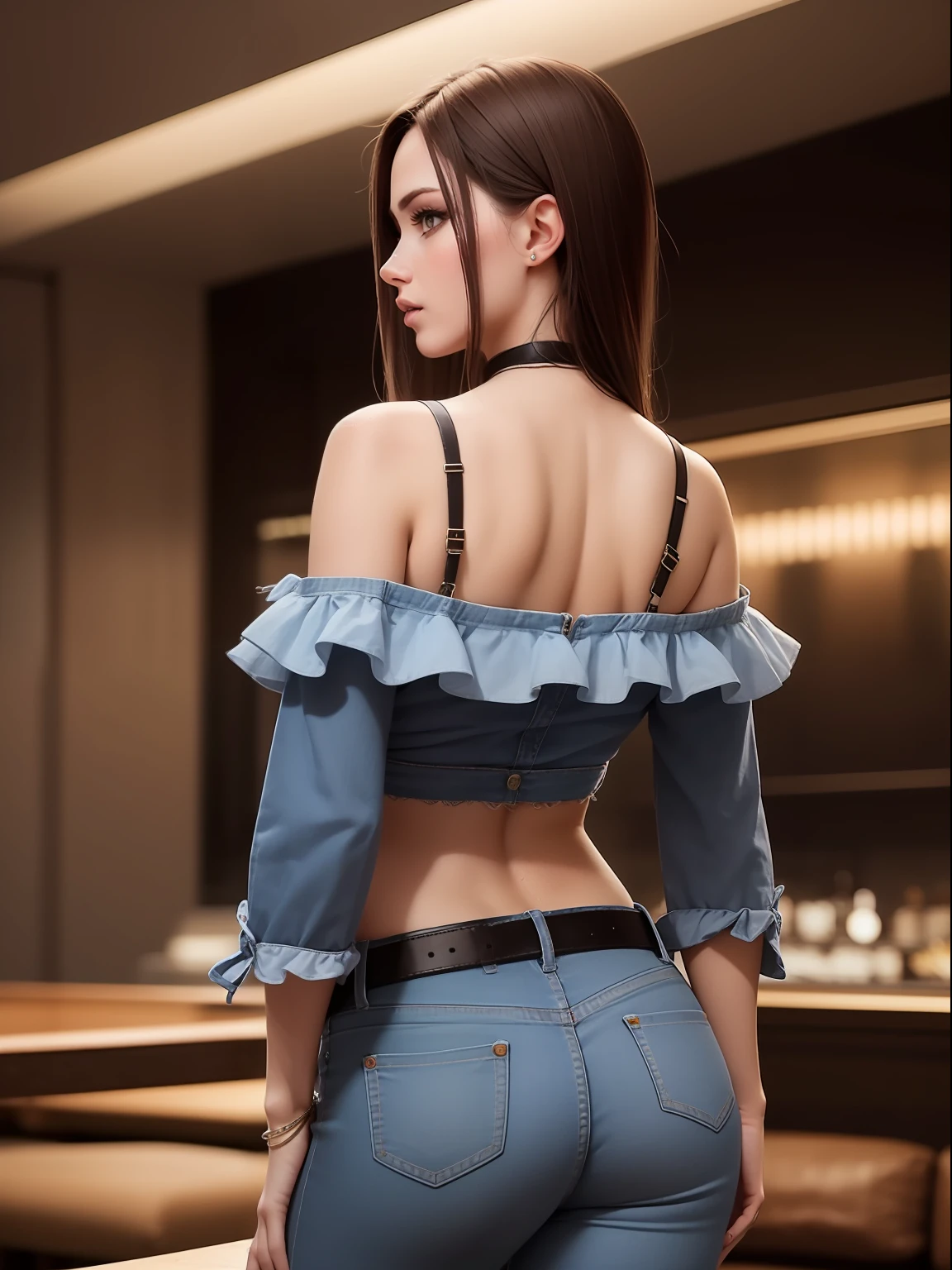 8K, Cinematic, Perfect and realistic 30 year old model with perfect and detailed face, brown hair and sexy look, detailed frilled off the shoulder top, tight jeans and belt, showing the whole body and the ass well detailed, night club scene