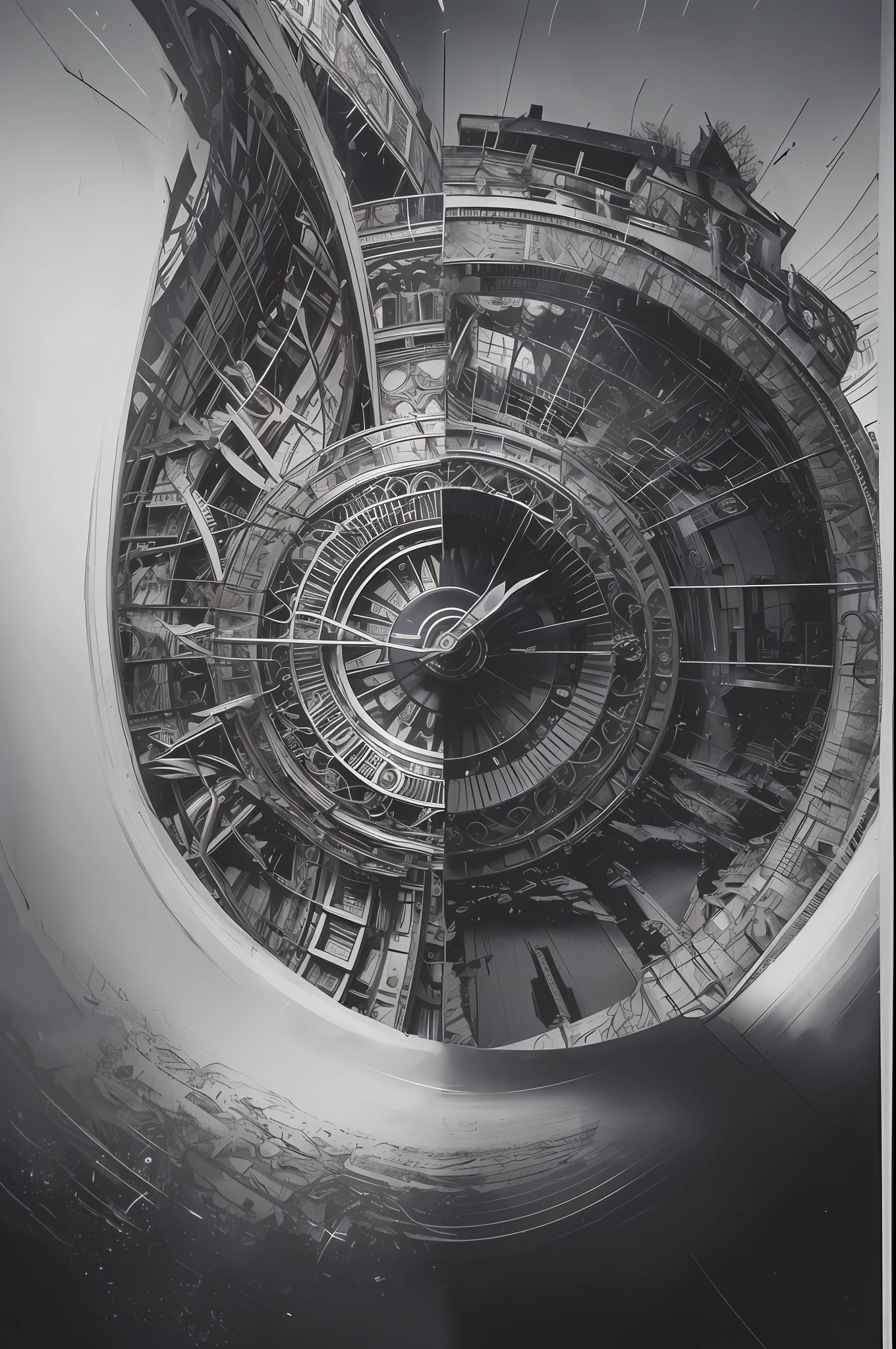 concept artwork, M.C Escher + Architectural Art + b/w photography by Pierre Verger / style fusion /A collapsed clock, whose twisted gears merge with human bones, marks time in a universe where the present, past and future are intertwined in a turbulent reality. / mystical and spiritual atmosphere / dark tones / supernatural/Macro lens/Surreal juxtapositions/ Lovecraft, horror cosmic,terror 90s--ar 1080:1350 --c 12