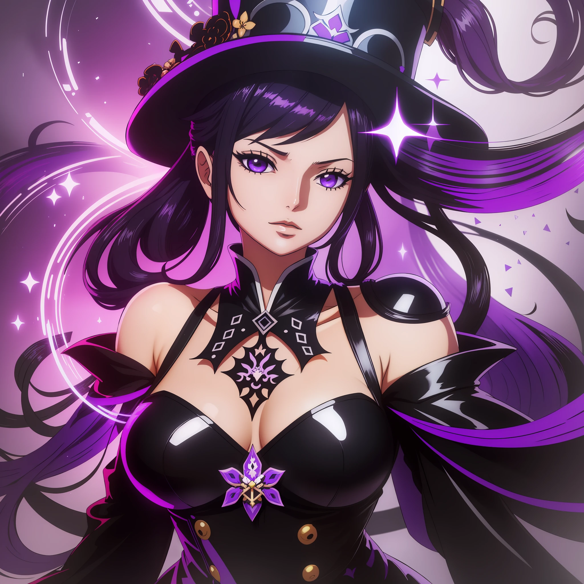 anime, A woman in purple witch hat with black, black dress with purple details, evoking magic, Ayaka Genshin Impact, from the video game Azur Lane, Cushart Krenz Key Art Feminine, Cool Shading, Keqing from Genshin Impact, from Senior Character Artist, from Bravely Default II, Genshin, from Girls Frontline, Granblue Fantasy, Extremely Detailed Artgerm