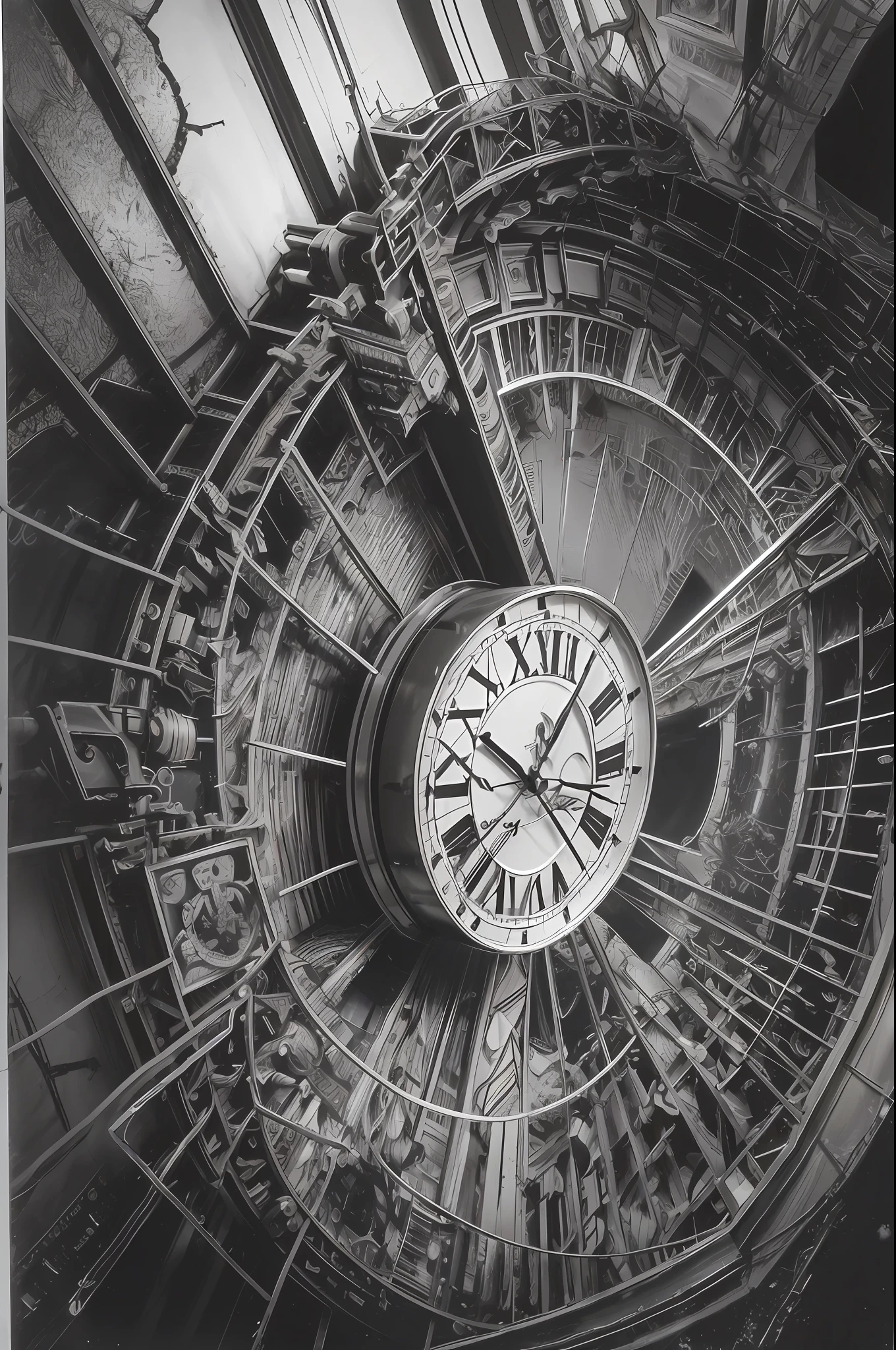 concept artwork, M.C Escher + Architectural Art + b/w photography by Pierre Verger / style fusion /A collapsed clock, whose twisted gears merge with human bones, marks time in a universe where the present, past and future are intertwined in a turbulent reality. / mystical and spiritual atmosphere / dark tones / supernatural/Macro lens/Surreal juxtapositions/ Lovecraft, horror cosmic,terror 90s--ar 1080:1350 --c 12