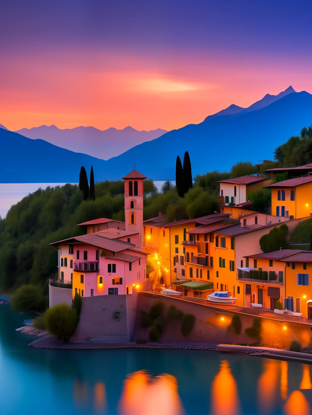 A beautiful and charming Italian village by the shore of lake Cuomo, Italy, sunset, lights on