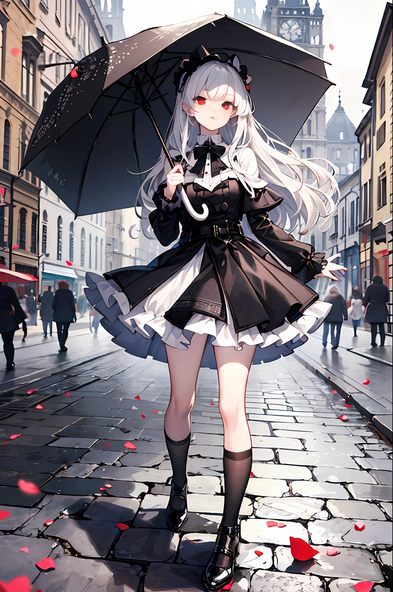 White fluffy and flowing hair, scattered and disorderly, exquisite, very fluffy, especially smooth, red eyes, black ta, black leather shoes, black European style umbrella,Krinolin skirt
