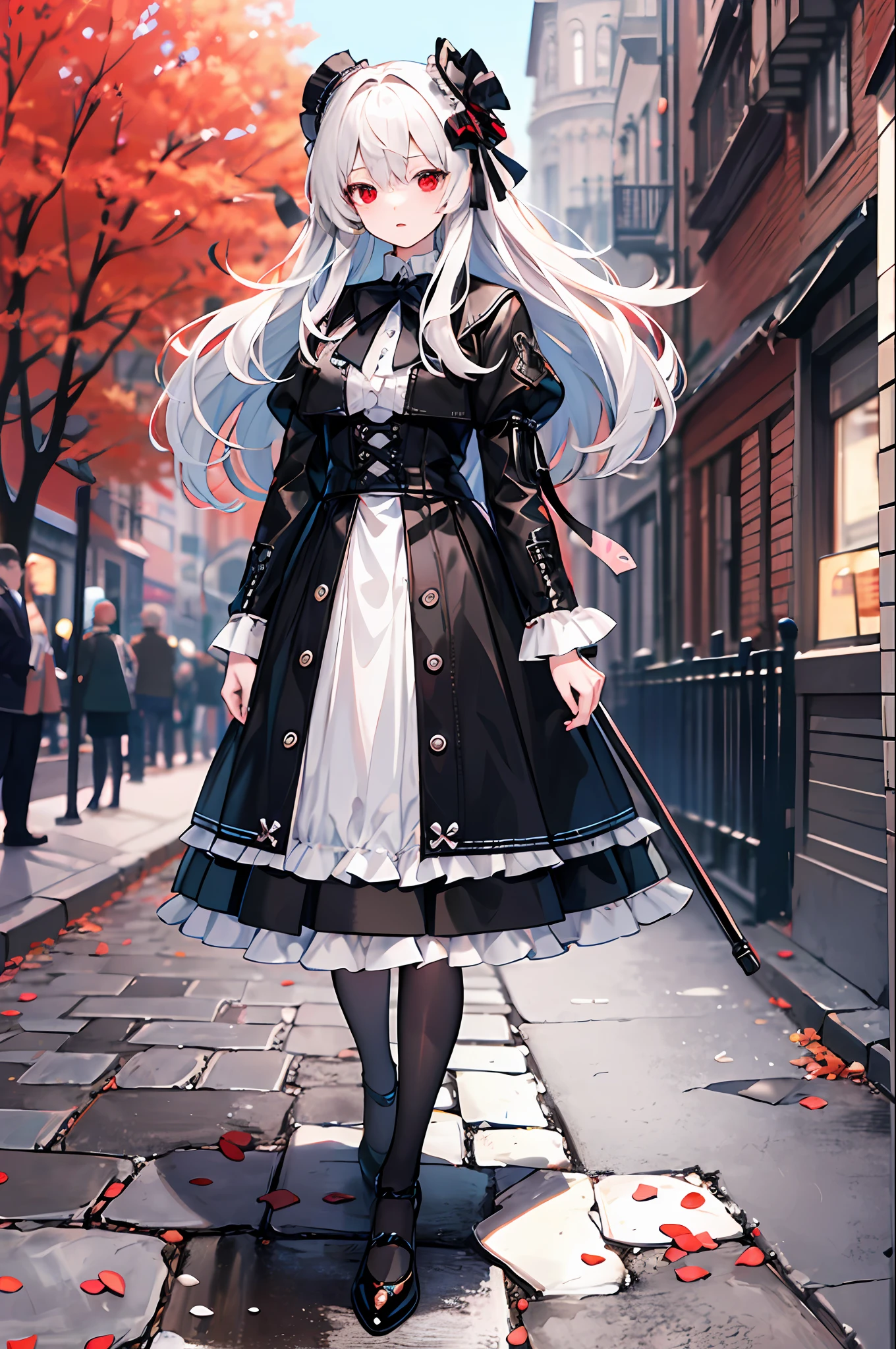 White fluffy and flowing hair, scattered and disorderly, exquisite, very fluffy, especially smooth, red eyes, black Lolita, black leather shoes, black European style umbrella，Krinolin skirt