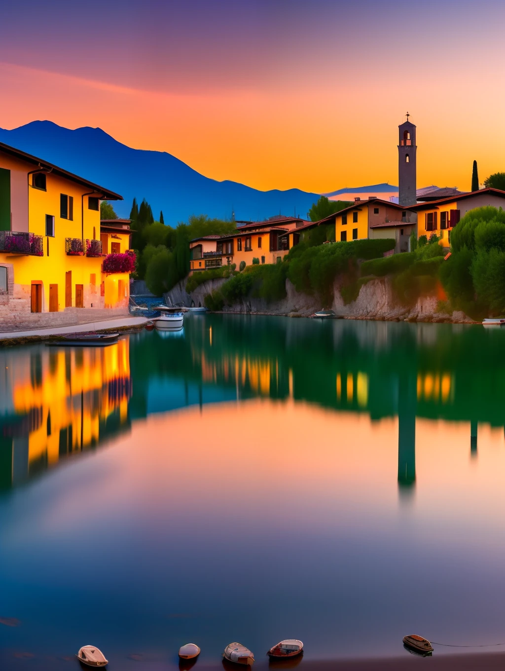 A beautiful and charming Italian village by the shore of lake Cuomo, Italy, sunset, lights on