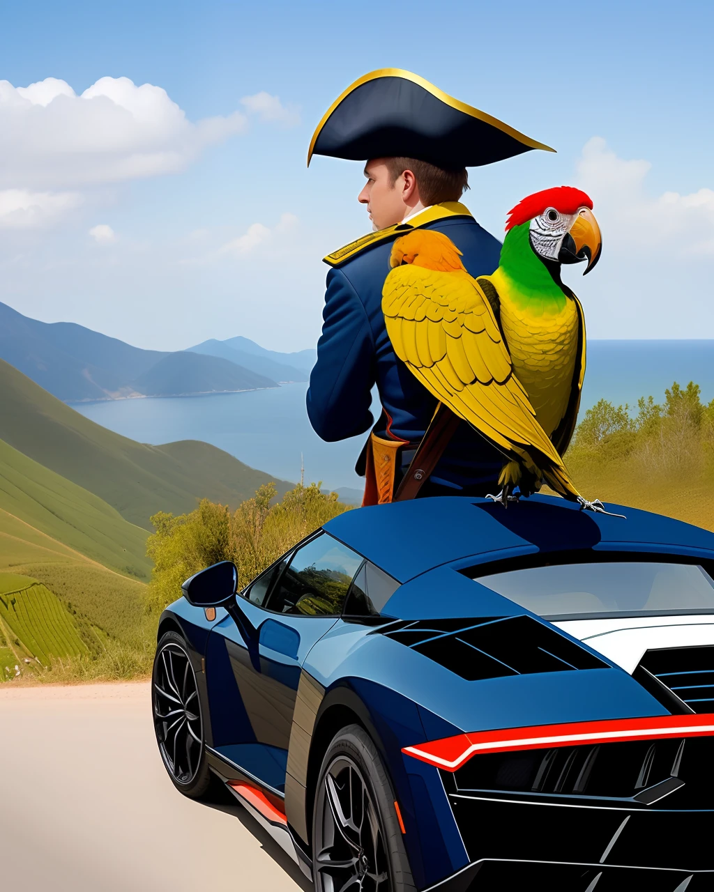Pirate on top of a lamborguine with a parrot on his shoulder