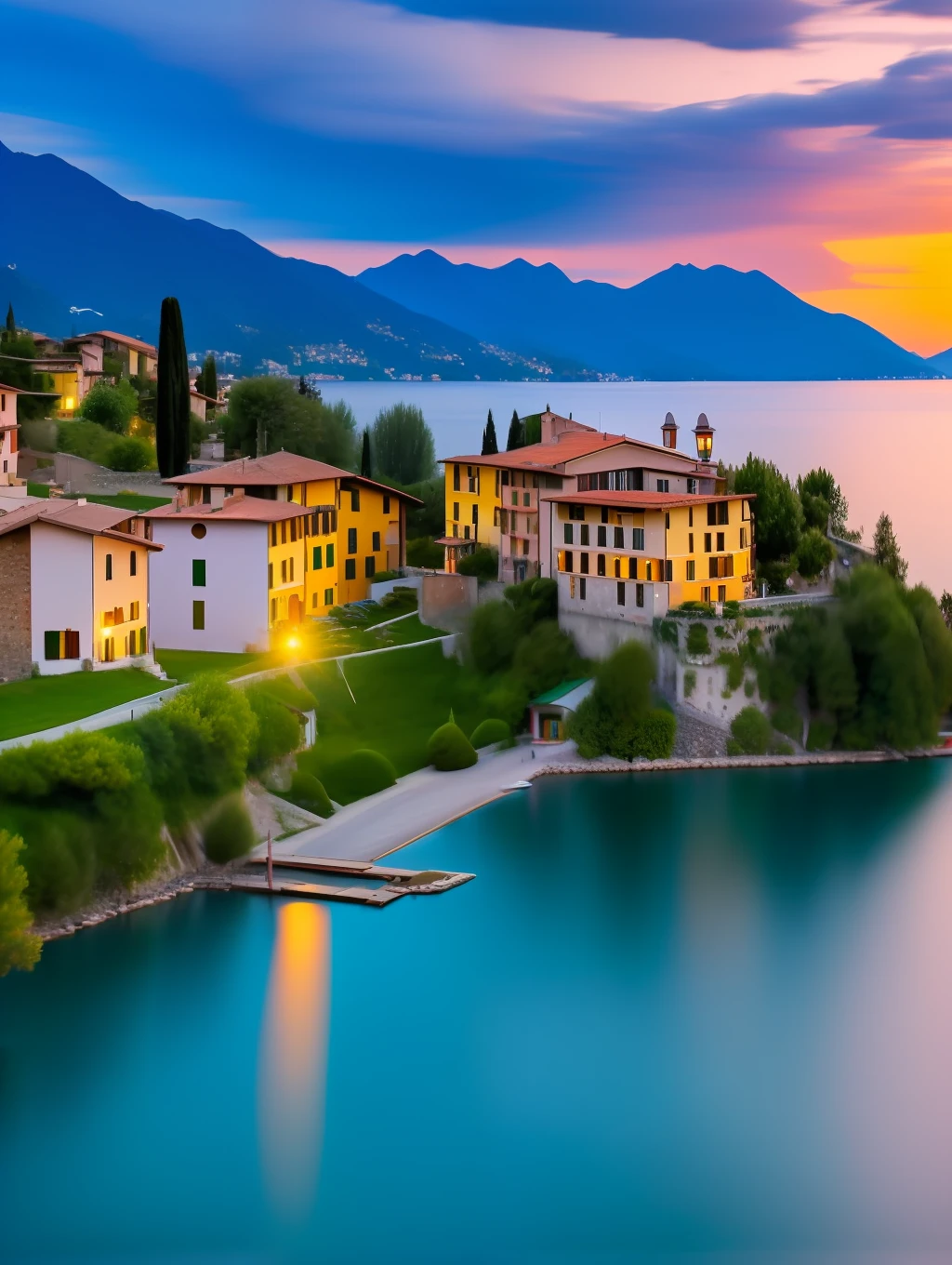 A beautiful and charming Italian village by the shore of lake Cuomo, Italy, sunset, lights on