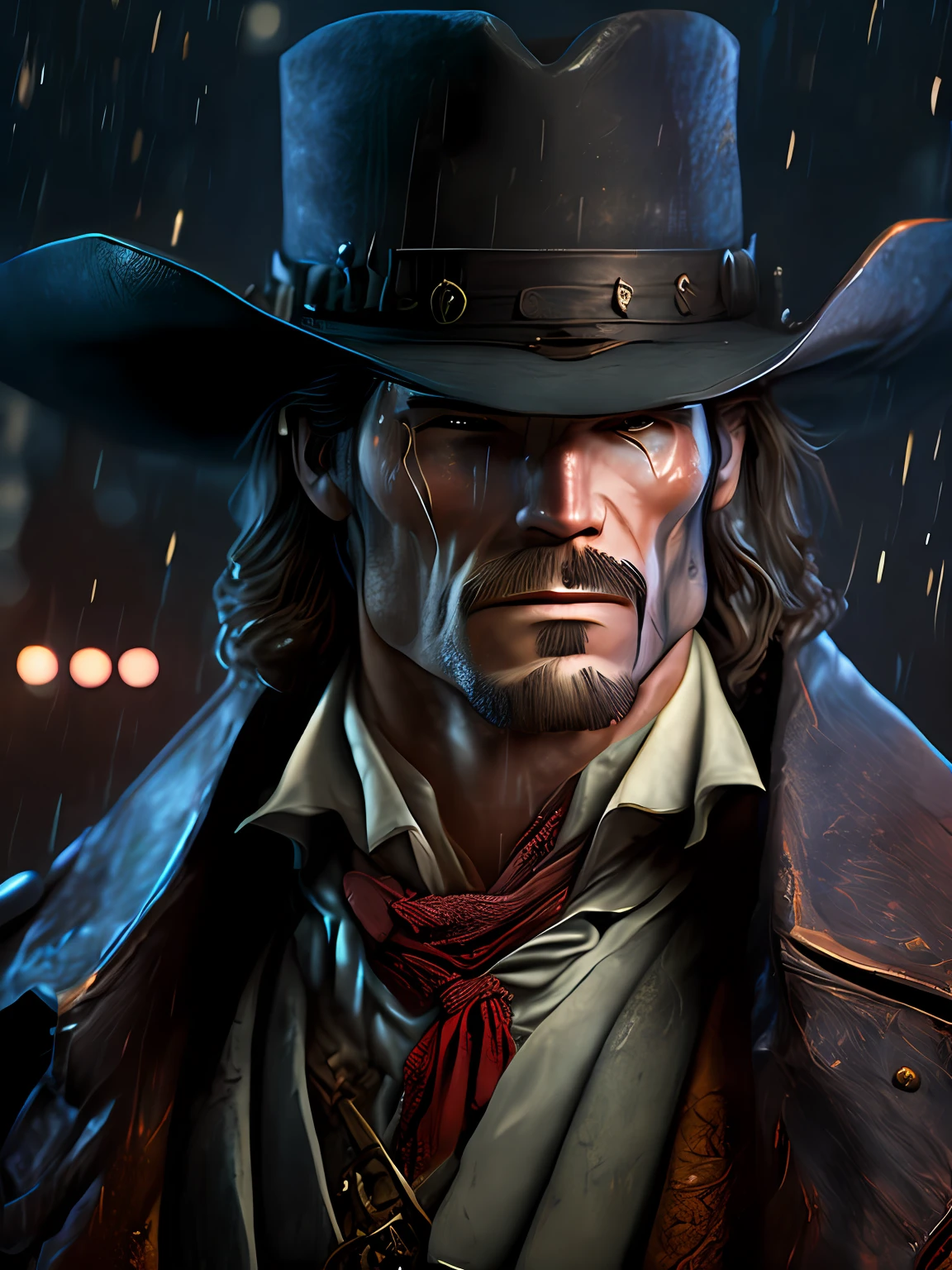 Portrait, Jonah Hex of DC, old west style look, old, full growth, hyper-realistic, insane little details, extremely clean lines, masterpiece presented in Zbrush Central, cyberpunk, award-winning photo, bokeh, neon lights, dark night, heavy rain, bright city lights