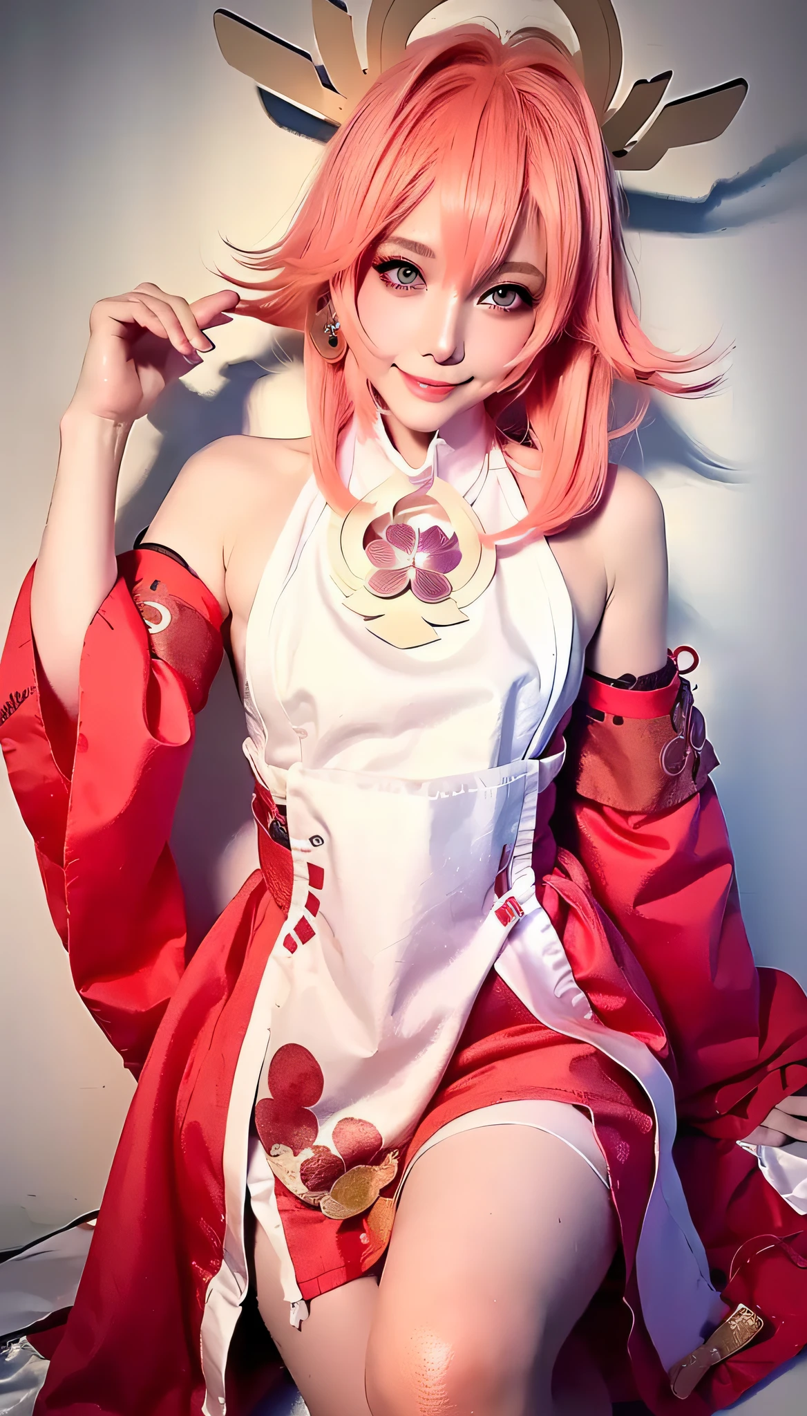 ((8k, RAW photos, top quality, masterpieces), high-definition RAW color photos professional close-up photos, sitting, Japan temples, (realistic, photorealism: 1.37), (highest quality), (best shadows), (best illustrations), ultra high resolution, physically based rendering, cinematic lighting), 1 girl, petite, (ulzzang-6500:0.7), Yae Miko \ (fox \ ), Yae Miko \ (cosplay \), Yae Miko, smile, thick lips, narrow waist, shiny skin, pink hair, face_focus, depth of field, (long hair), bare shoulders, sleeves peeled off, hair ornaments, earrings, bare thighs, (side: 1.65), upper body, covering.