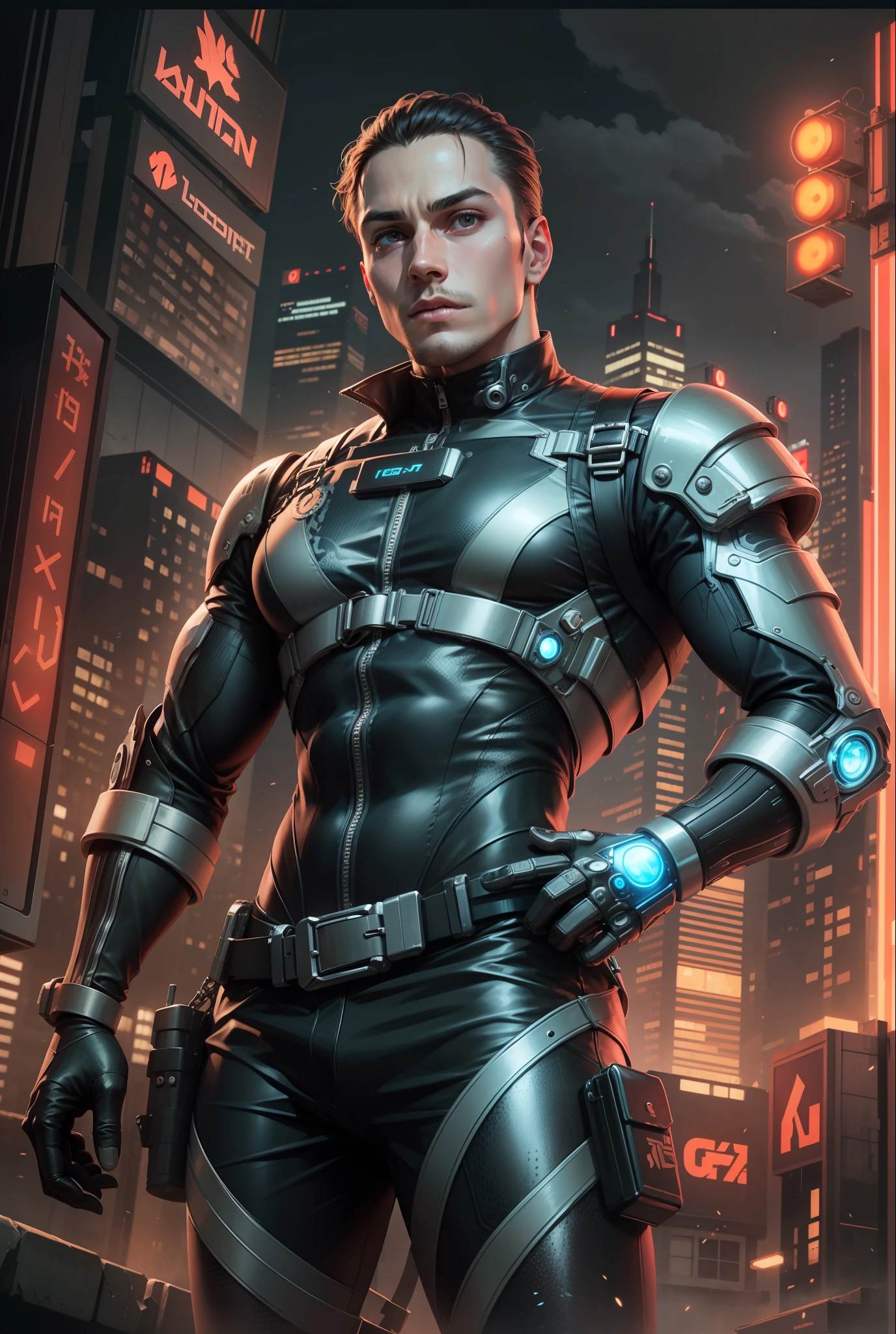 Masterpiece, best quality, 1 male, broad shoulders, male, hard face, height 1.80 cm tall, shorter hair, forehead, symmetrical eyes, best ratio of four fingers to one thumb, better light and shadow, background, moderate sunlight, wearing tight black overalls, cyborg, mechanical sleeves, cyberpunk, sci-fi, bust, futuristic clothing, speed, daytime city, neon sign, blue, purple