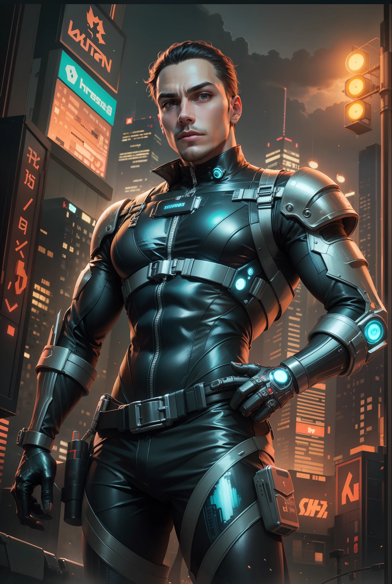 Masterpiece, best quality, 1 male, broad shoulders, male, hard face, height 1.80 cm tall, shorter hair, forehead, symmetrical eyes, best ratio of four fingers to one thumb, better light and shadow, background, moderate sunlight, wearing tight black overalls, cyborg, mechanical sleeves, cyberpunk, sci-fi, bust, futuristic clothing, speed, daytime city, neon sign, blue,  purple