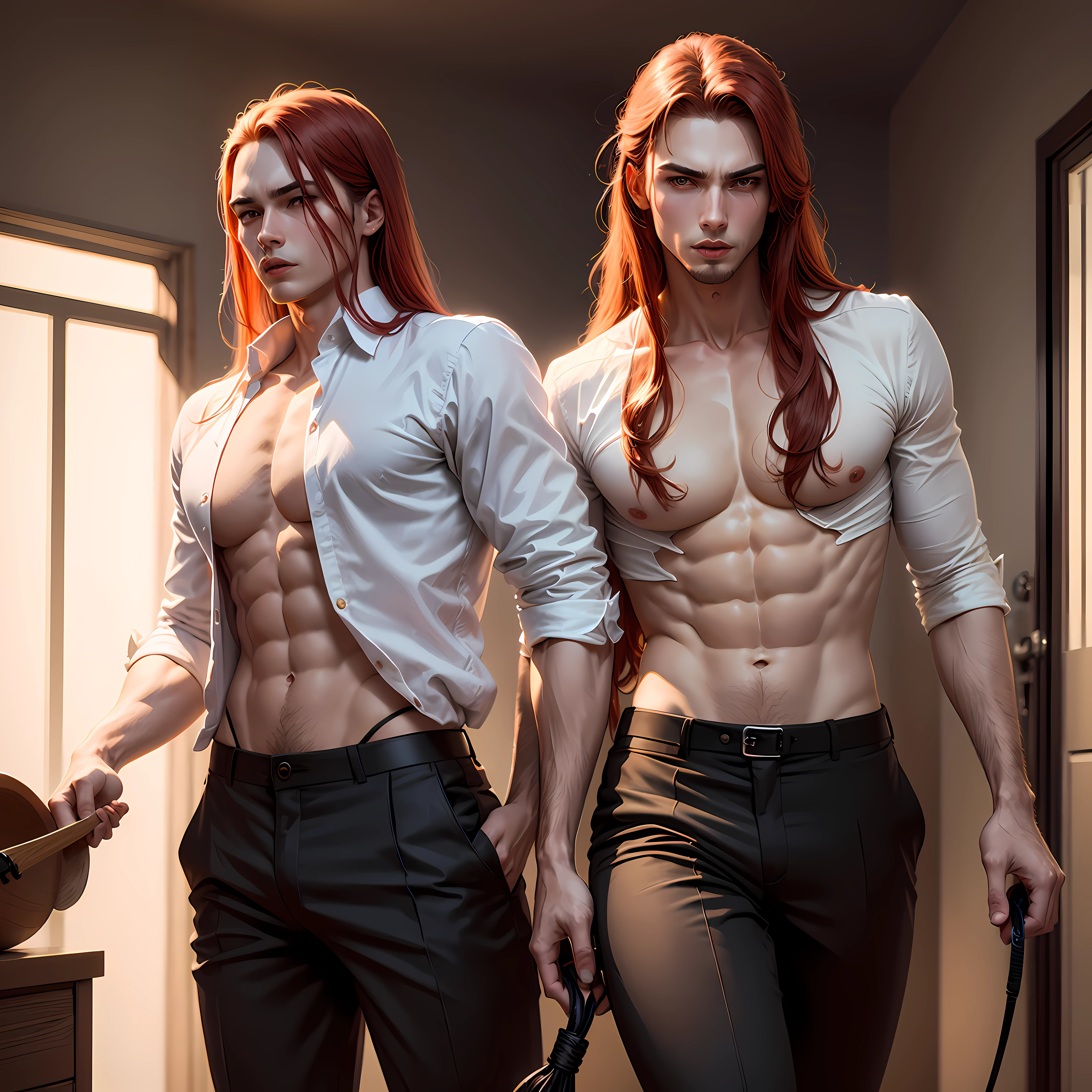 A tall man, yellow eye, long red hair, with open black dress shirt, bare chest, sensual, sexy skin, dress pants, holding a whip, licking his lips, malicious face, sensual, (realistic photo) super detailed, high resolution, fine details, illustration, real features, high quality, masterpiece, best quality -- --auto