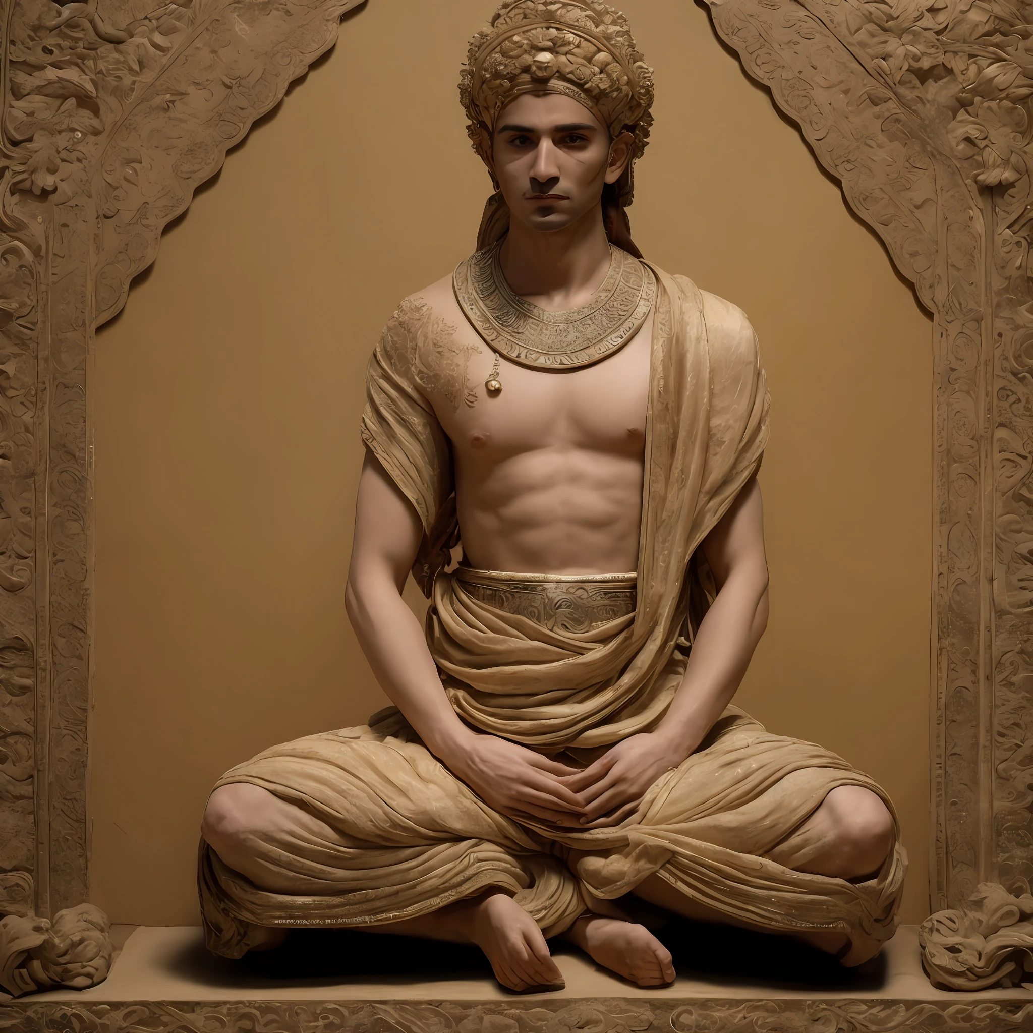 1 man, legs crossed on a lotus, hands folded, firm gaze, dressing, Gandhara style