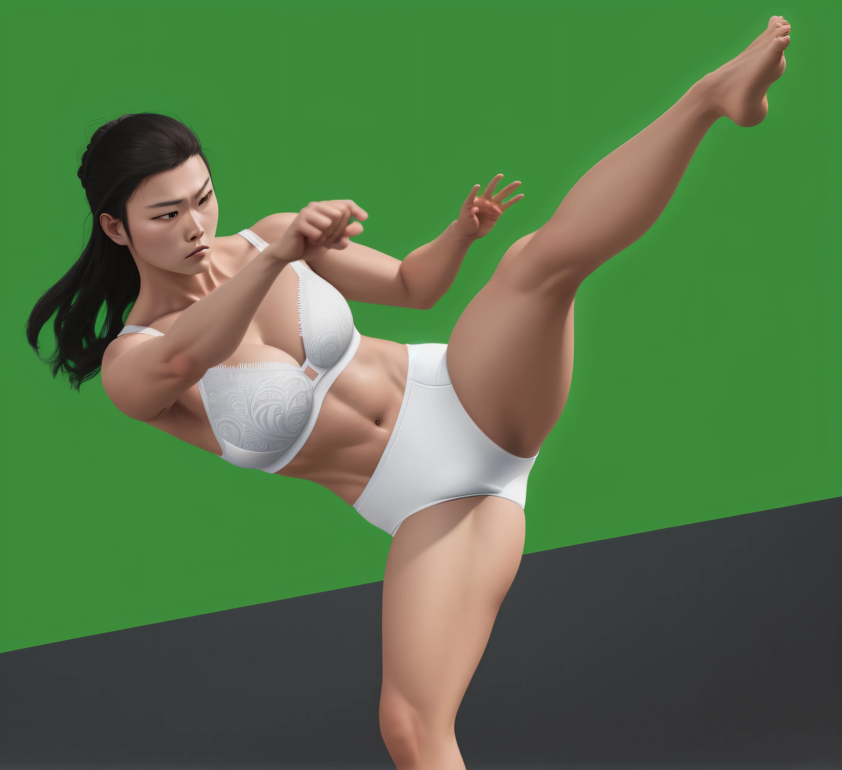 Korean martial arts woman, in white bra, white cotton panties, throwing a high kick, realistic art style, intricate details