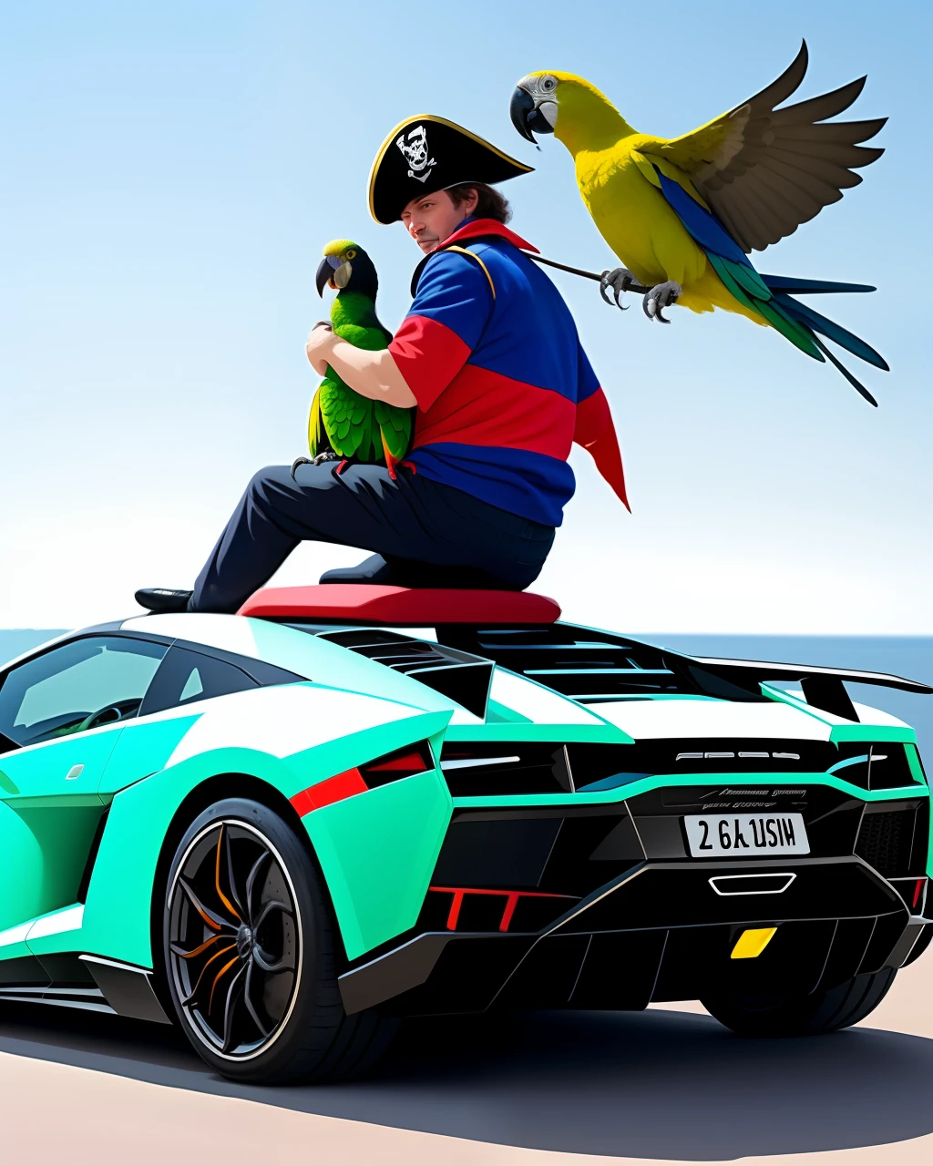 Pirate on top of a lamborguine with a parrot on his shoulder