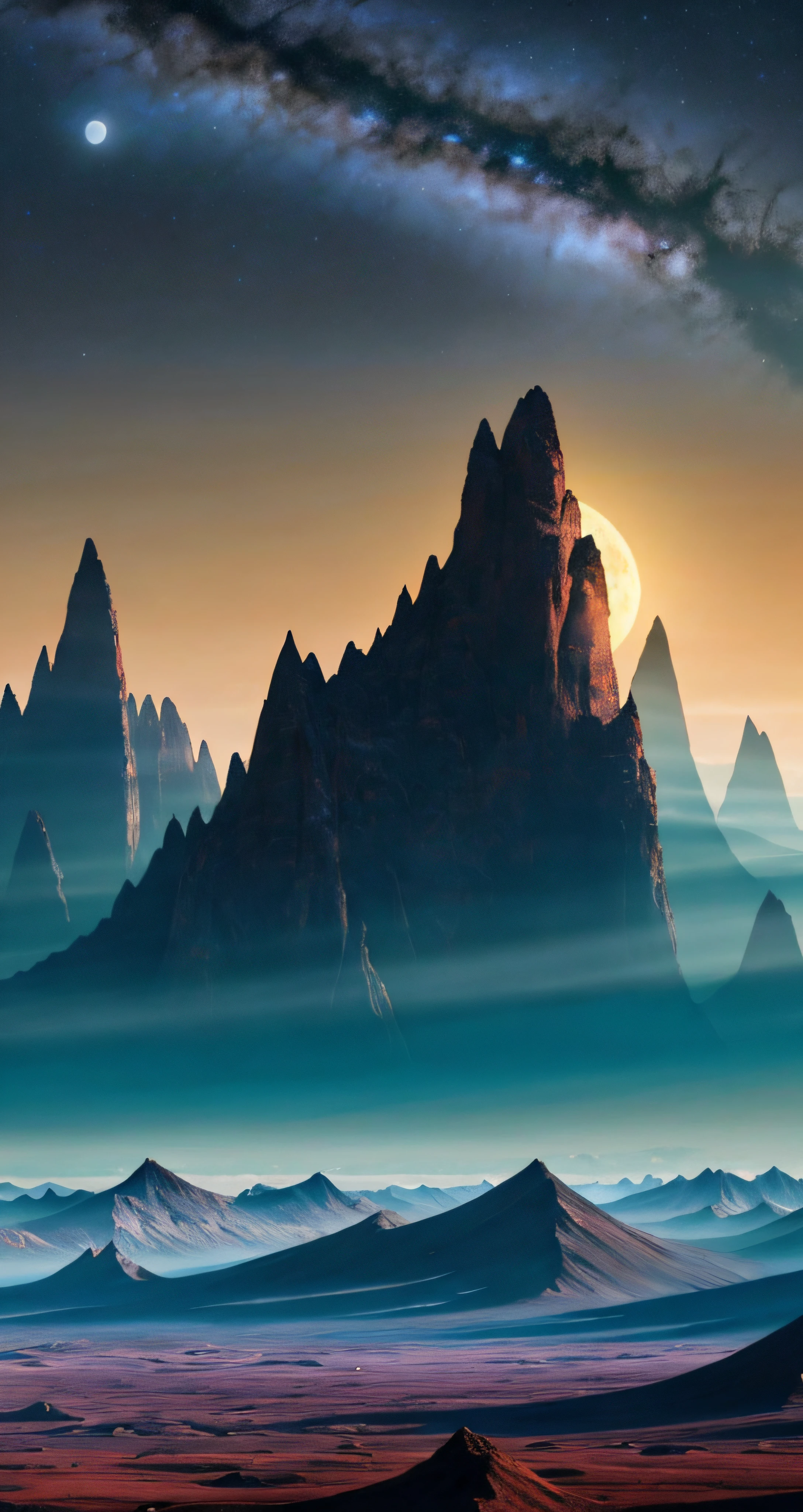 a view of a mountain range with a full moon in the sky, stunning alien landscape, beautiful alien landscape, alien mountains, alien breathtaking landscape, amazing alien landscape, landscape of an alien world, an alien landscape view, exoplanet landscape, planet landscape, sci-fi fantasy desktop wallpaper, impressive fantasy landscape, sci-fi fantasy wallpaper, alien landscape, sci fi landscape