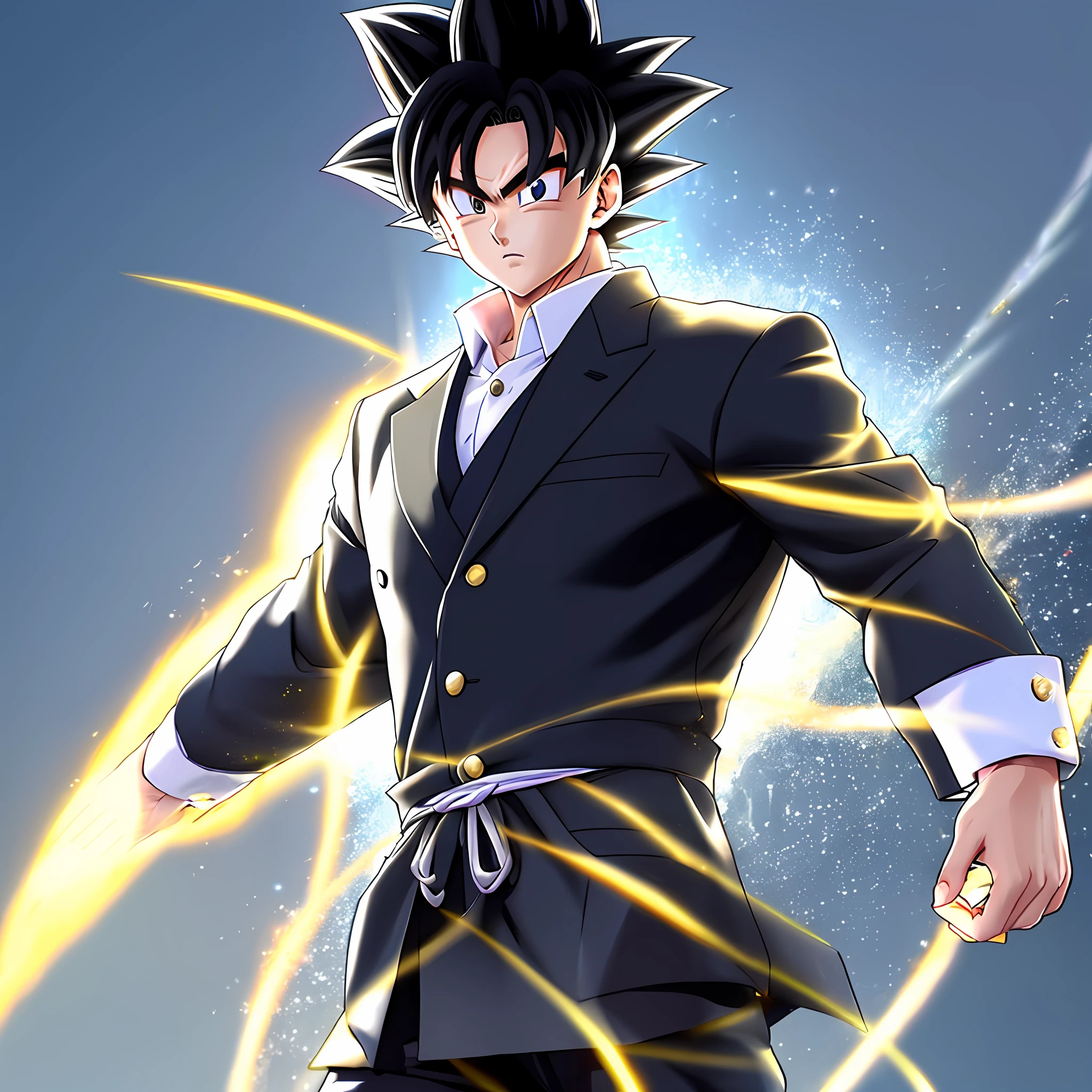 Goku is wearing an elegant black suit, made of a thin, shiny fabric. The suit is tailored to fit perfectly into your muscular and athletic body. The suit jacket is adjusted, emphasizing Goku's broad shoulders and toned arms. The white shirt he wears underneath is impeccably folded and shows an elegant and understated collar.

The black tie blends harmoniously with the suit, giving a touch of sophistication to the ensemble. The tie knot is perfectly tied, demonstrating Goku's skill and attention to detail. He wears a silver tie fastener, discreetly positioned.

The suit pants are straight, fitted on his muscular legs, with sharp creases that flow smoothly down to his shoes. The dress shoes are polished black leather, shiny and well cared for. Goku walks confidently, showing off his impeccable posture and elegant bearing.

Her spiky black hair remains untouched but has a subtle sheen in the light. His intense, determined eyes are focused on the horizon, showing Goku's resolve and inner strength. An aura of golden and glowing energy radiates around him, a reminder of his transcendental power.

Although Goku is dressed flawlessly, his attitude is relaxed and friendly. His facial expression reflects the serenity and wisdom he has acquired through his journeys and battles. Although he is wearing a suit, Goku retains the essence of a powerful and fearless warrior
