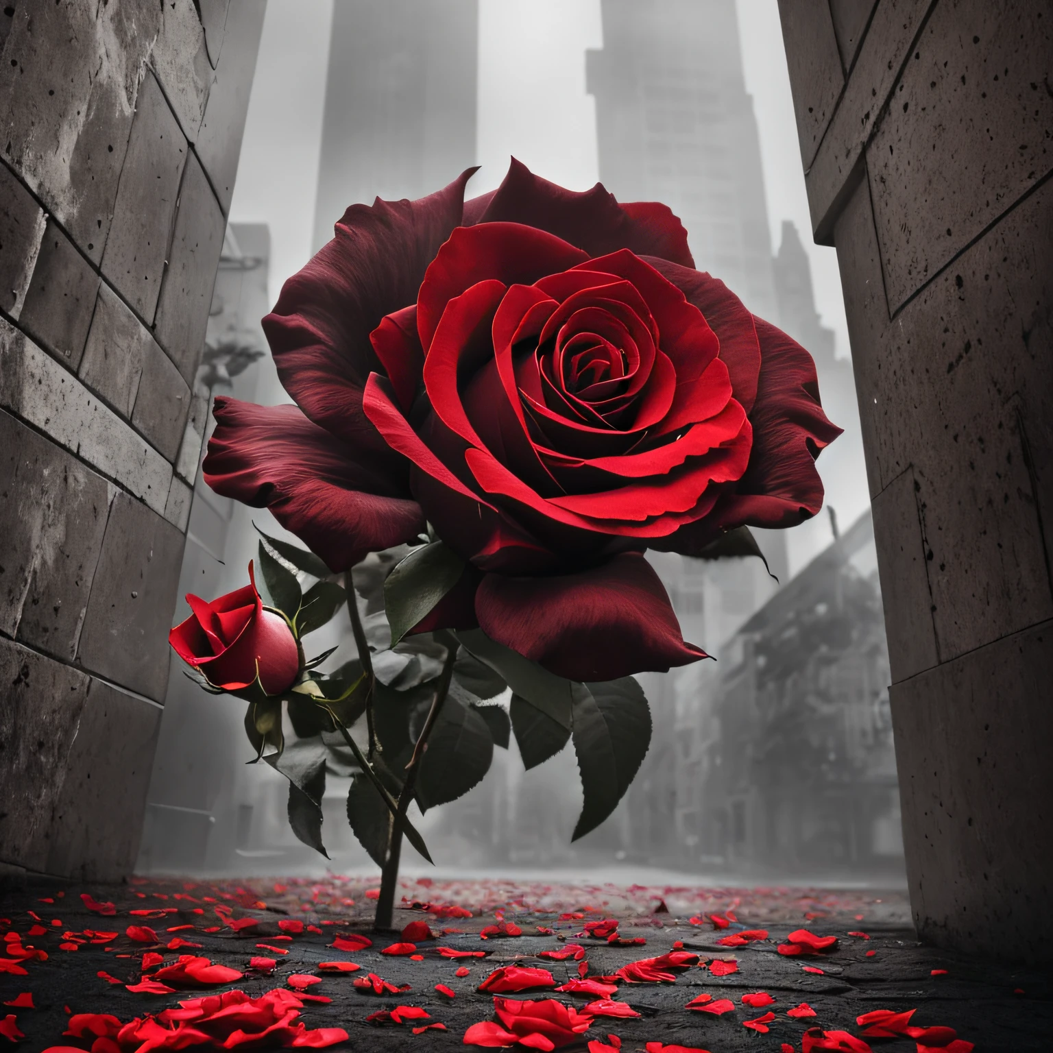 there is a red rose that is in the middle of a street, red rose, roses in cinematic light, red roses, red selective coloring, photo of a rose, sakimi, black and white and red colors, growing out of a giant rose, by Micha Klein, black rose, marc adamus, black white and red colors, by Reuben Tam
