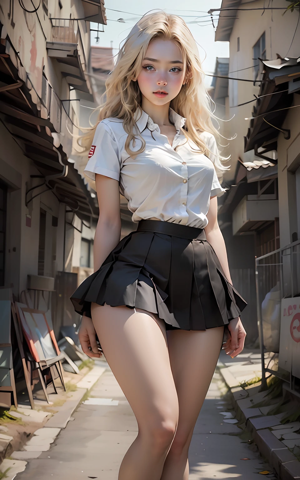 ((Best Quality, Best Resolution, Absurd, 8K, Masterpiece)), 1girl, woman, Helen Slater (superactress), young woman, 19 years old, long blonde hair, expressive blue eyes, Korean girls' school uniform (white shirt and pleated miniskirt), supergirl cosplay in Korean girls' school uniform, medium and large bust, NSFW, posture (bent knees and open legs), feet