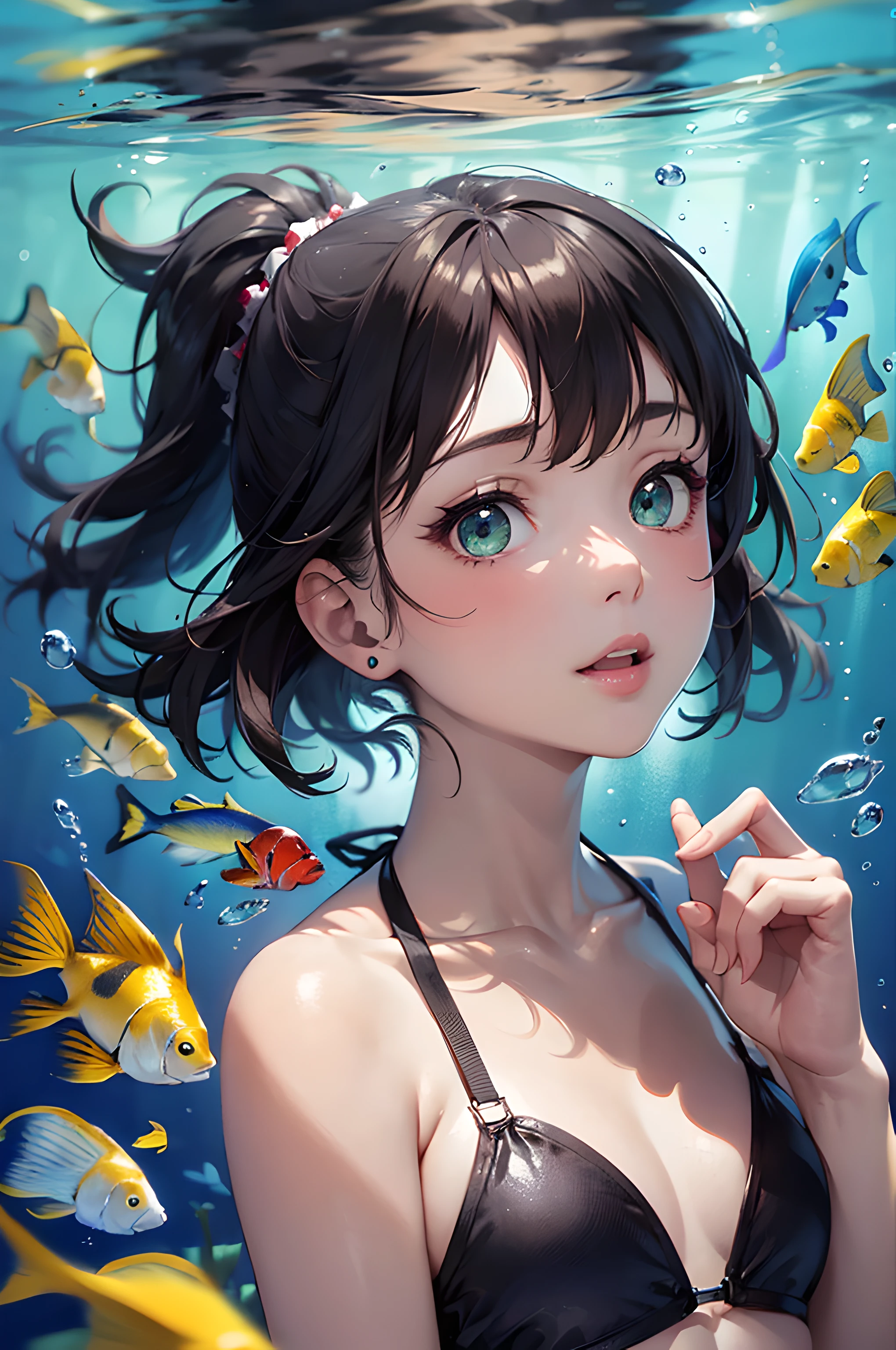 (masterpiece), (portrait), (aesthetic), (beautiful), (upper blody), (high quality), (aesthetic clothings), (professional angle), (rule of thirds), (Feminine), (woman), (female), (beautiful),(feminine features), (21 years), solo, 1 woman, (attractive British), Spring, (Underwater Bubbles), (Afternoon), (Subtle light), ((Exploring)), (Holding Camera Hands), ((Looking Upward Face)), ((Curious)), (Minimal Make-up), (Petite Bust), (Snorkel and Fins), ((Short Hair)), (Dark Blue Hair), (Straight Hair), (High Pony hair), (- in Hair), (Narrowed Eyes), (Green Eyes), (Playful Look), Fair skin, (- Clothing), (Bikini), (-), (), (V-neck Neckline), ((Tropical Fish Surroundings background)), (Medium Shot Shot), beautiful hands, two hands, normal hands, two arms, complete hands, beautiful body, beautiful fingers, normal fingers, five fingers, five fingers, beautiful ears, normal ears, beautiful eyes, shiny eyes, beautiful mouth, beautiful lips,