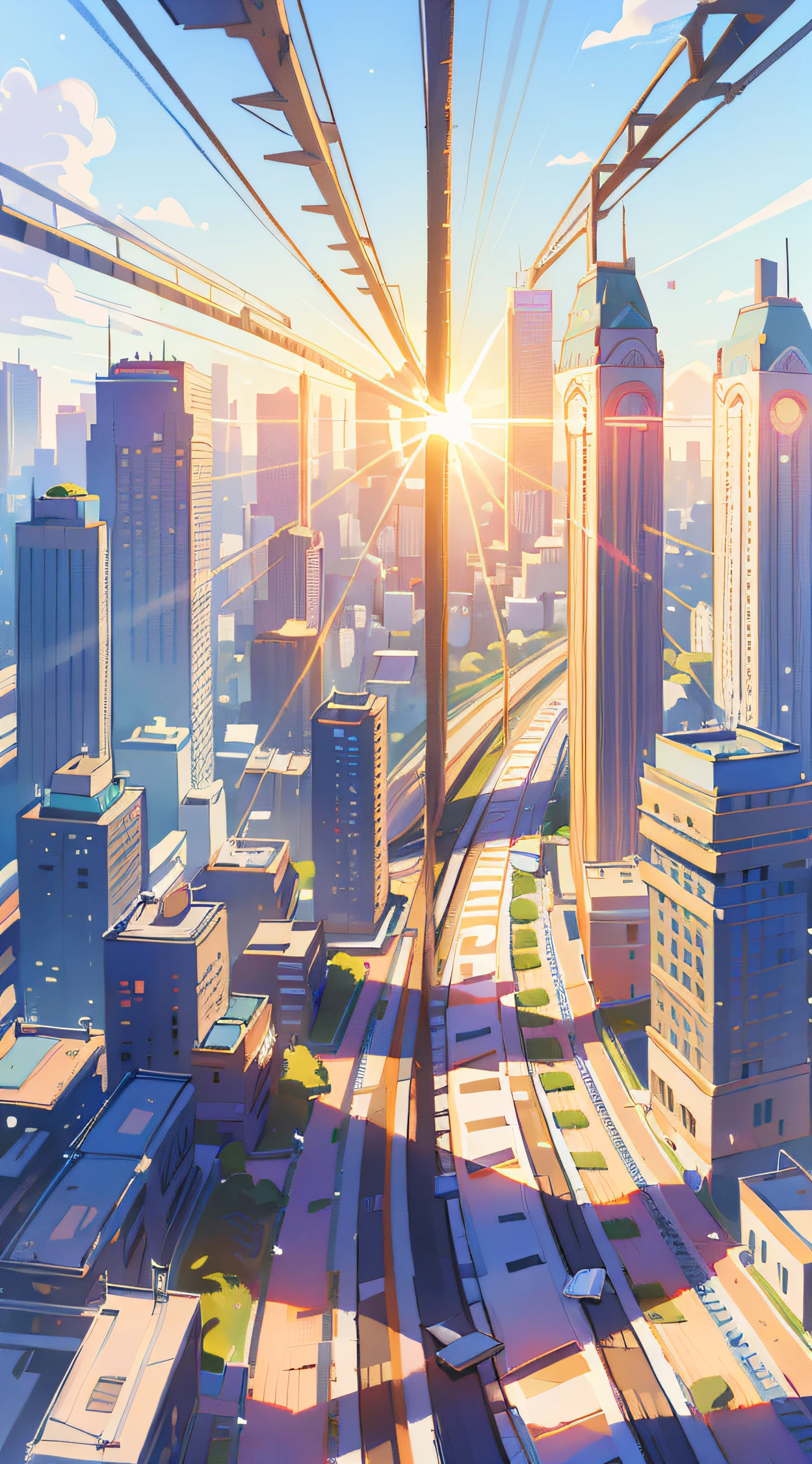 Masterpiece, Extreme Detail, (Best Quality: 1.2), Absurd, Realistic, Realistic, Ultra-detailed, Ray Tracing, High Resolution, Sharp Focus, 8K, Vibrant, Intricate, Clarity and Clarity, Realistic, Clouds, Sun, Clean Blue Sky, City Track, City, Marathon Track,