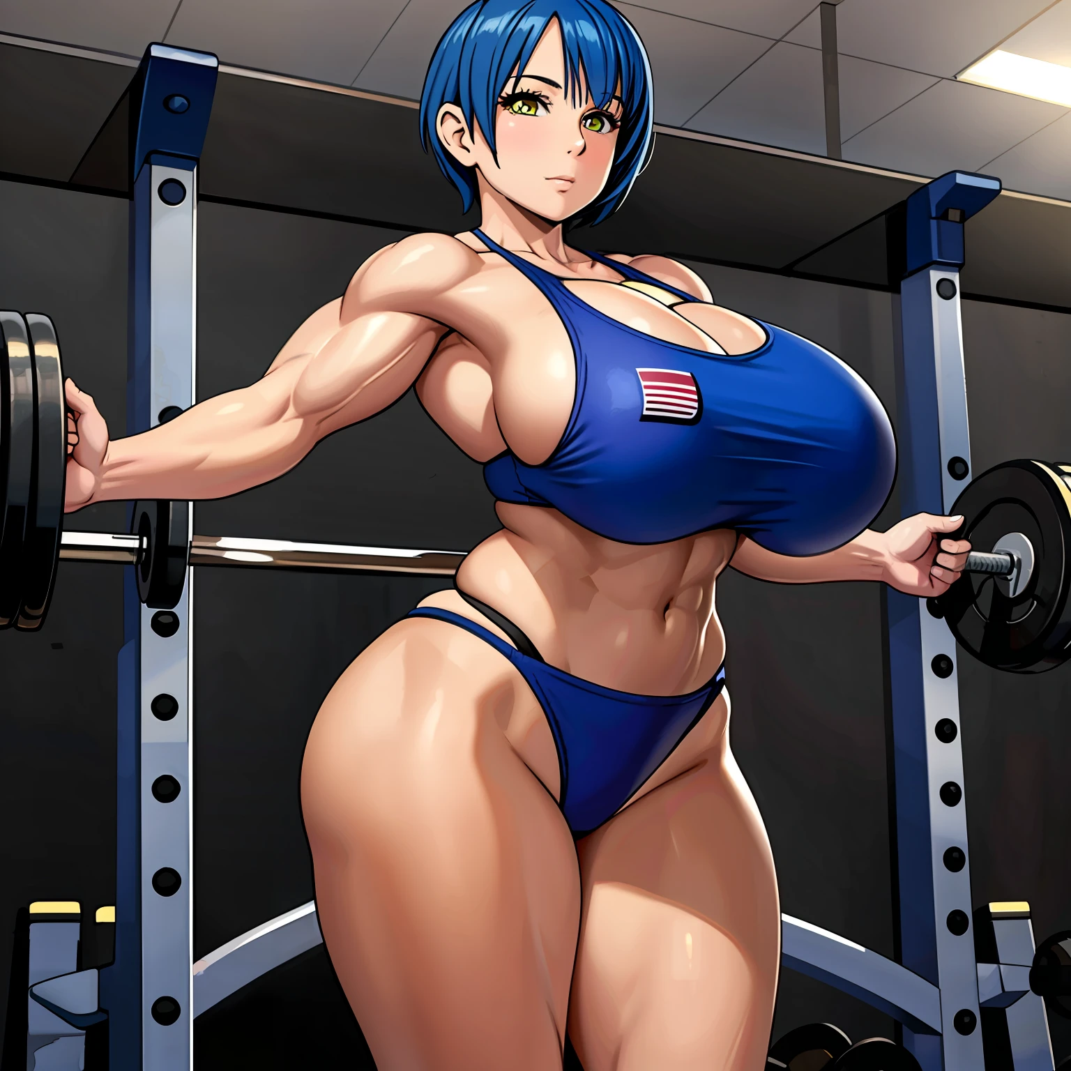 37 year old woman, muscular, yellow bathing suit, short blue hair, huge breasts, in the gym