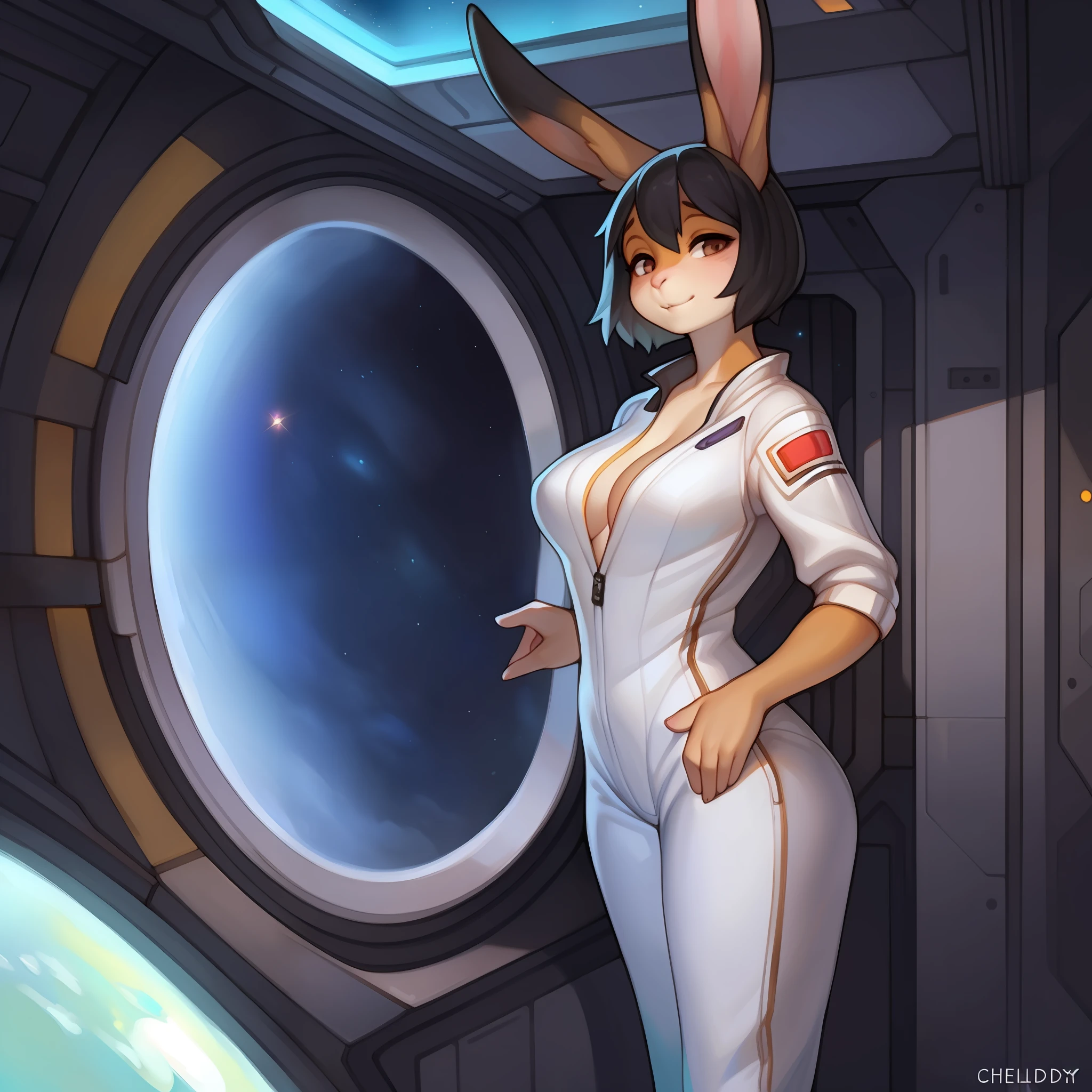 By chelodoy, by bebebebebe, solo, female, lagomorph, rabbit, big ears, tall ears, mottled, calico, black hair, hair covering eyes, medium breasts, standing, detailed hands, looking at viewer, white jumpsuit, white spacesuit, space, spaceship, window