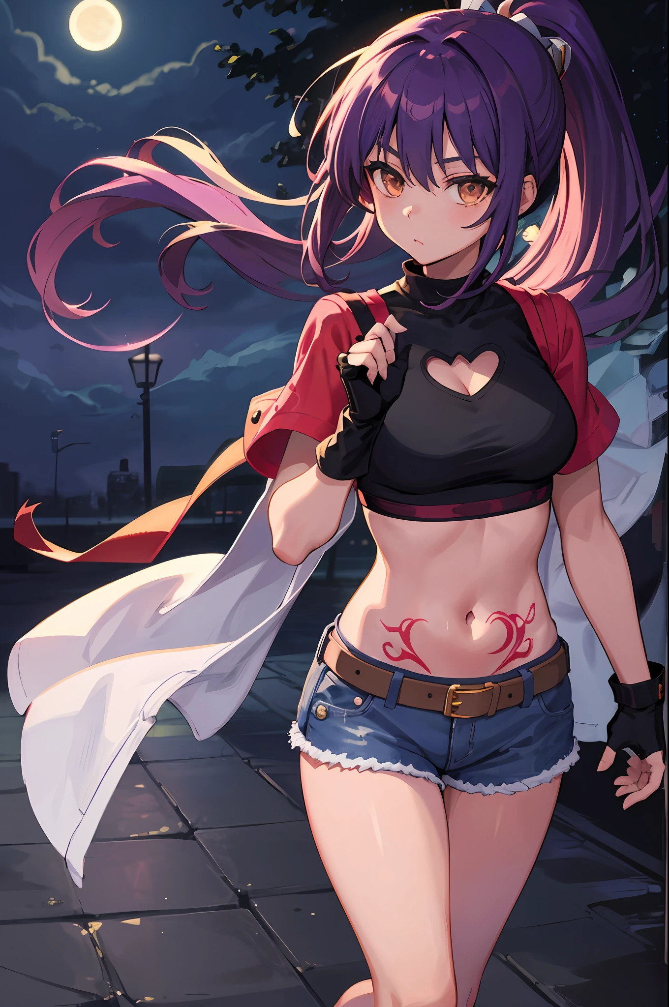 (masterpiece, best quality), 1girl, ponytail, violet hair, tattoos, ((black crop top)), denim shorts, brown eyes, fingerless gloves, night street, moonlight, looking at viewer, belt, detailed eyes, standing,