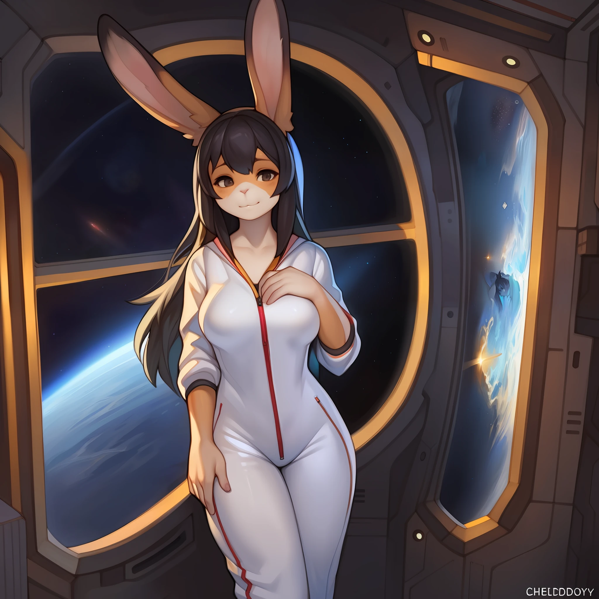 By chelodoy, by bebebebebe, solo, female, lagomorph, rabbit, big ears, tall ears, mottled, calico, black hair, hair covering eyes, medium breasts, standing, detailed hands, looking at viewer, white jumpsuit, white spacesuit, space, spaceship, window