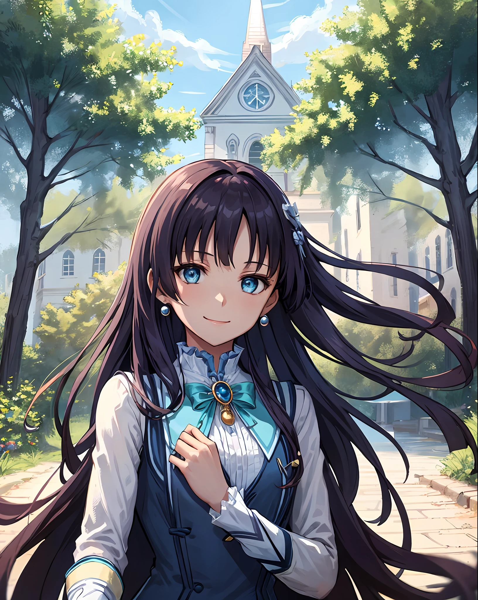 best quality, (masterpiece:1.2), illustration, absurdres,
(1girl, solo), (beautiful detailed girl), (upper body, portrait),,
Elise Schwarzer, blue eyes, long hair, black hair, small breasts, hair ornament, jewelry, pearl earrings,
blue dress, white sleeves, white boots, black pantyhose,
church garden, outside church, stained glass, flowers, bush, plants, trees, sky, clouds, day, fruits, berries,
smile, looking at viewer, 
((lying))