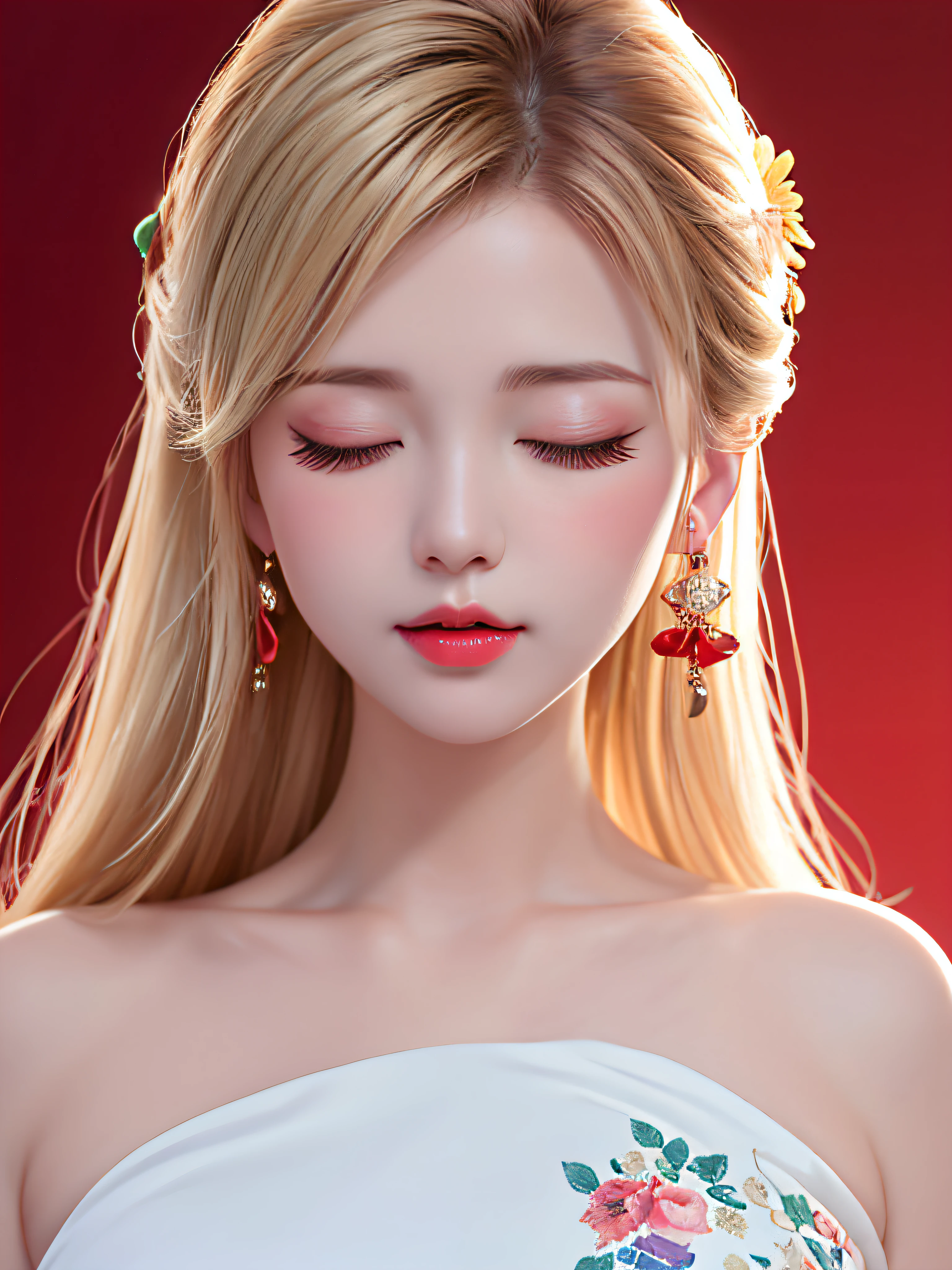 (Female teacher lying on bed)))v6, earrings, full body v6, (long golden white hair), translucent clothes, look, superb, ultra high definition, RAW photography, realism 1.25), (bright lip gloss, long eyelashes, smooth) face, bright skin, natural shadows, wide light, wide light, depth of field, strong colors, subtle caustics: 0.8), (big), v6 ( Blouse with red floral pattern on a translucent white background,))), sleeveless, (((Close your eyes, face down)), Lower body slender, behind the woman, there are various beautiful flowers (absurd, high resolution, super detailed),