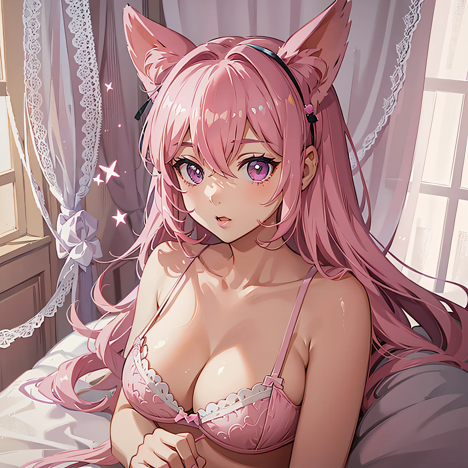 neon color, 4K resolution, cryengine rendering, unreal engine rendering, octane rendering, bed, realistic scale, stereoscopic perspective, top view, seductive, single, bunny girl, avatar, lying down, looking away, eyes wide open, mouth open, blushing, pantyhose pink hair, french braid, moles under eyes, dilated pupils, star pupils, gradient eyes, big eyes, rabbit ears, shyness, blushing, drunkenness, parted lips, blushing, moaning, Heavy breath, torogao, playful face, saliva marks, facing another, verbal invitation, anime style, diorama from below, UHD, masterpiece, textured skin, best quality --auto