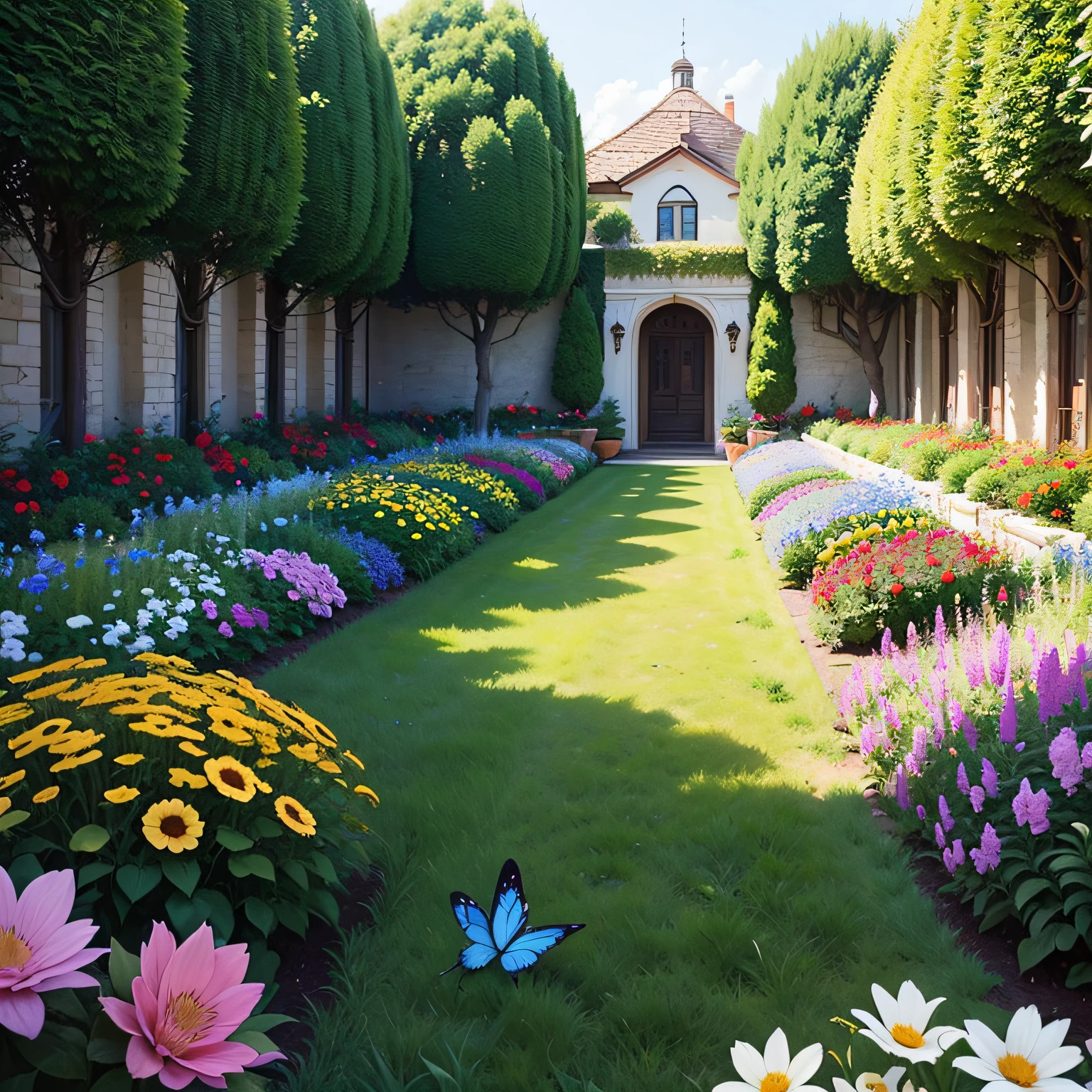 a large garden with many colorful flowers of various sizes, with butterflies --auto