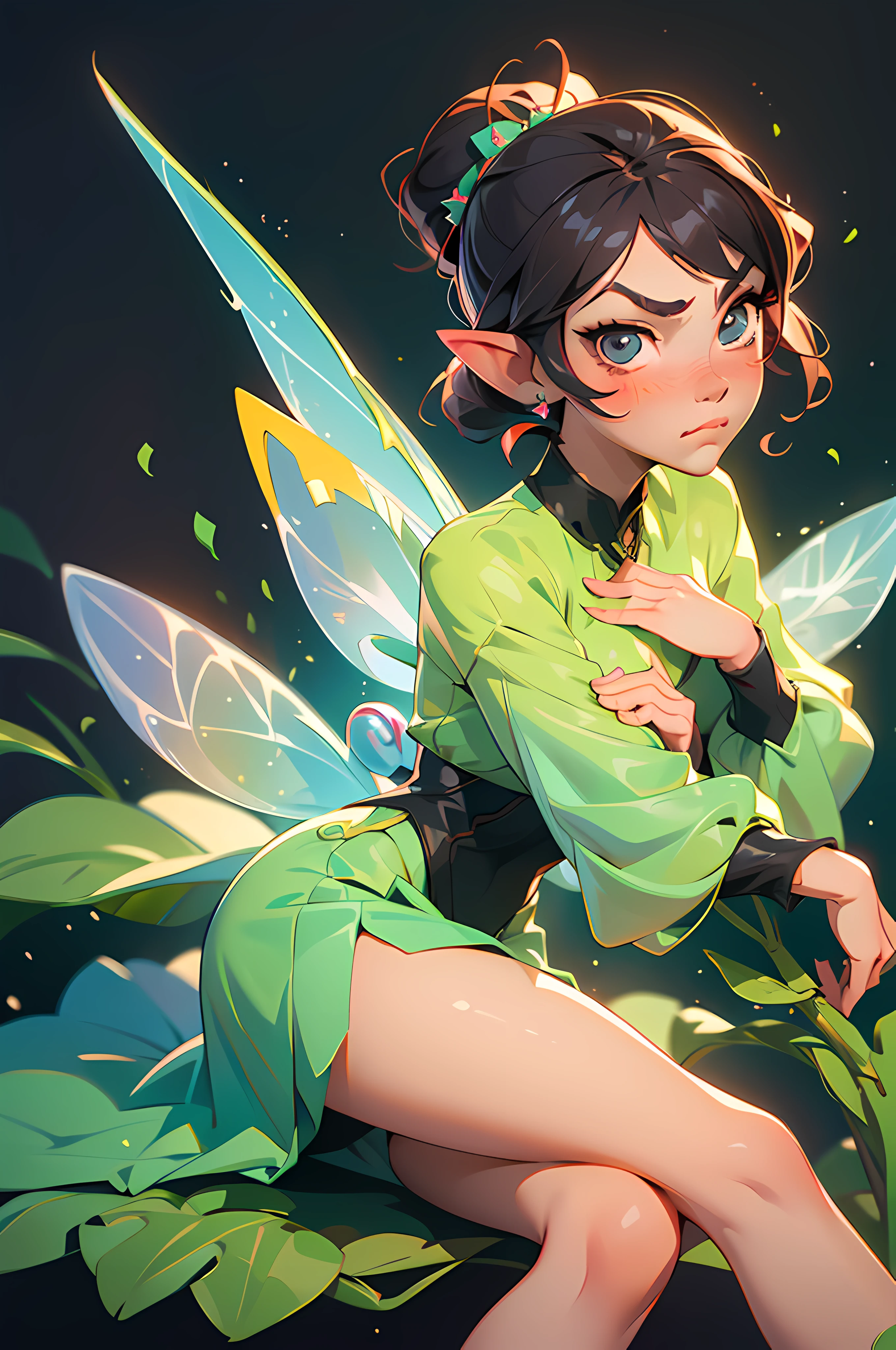 (masterpiece, best quality, high resolution:1.4), 1girl, tinker bell, short ponytail, fairy wings,(black:2 fairy outfit), crossed arms, crossed legs, angry, puffy cheeks, full-face blush, looking at viewer, tsundere,