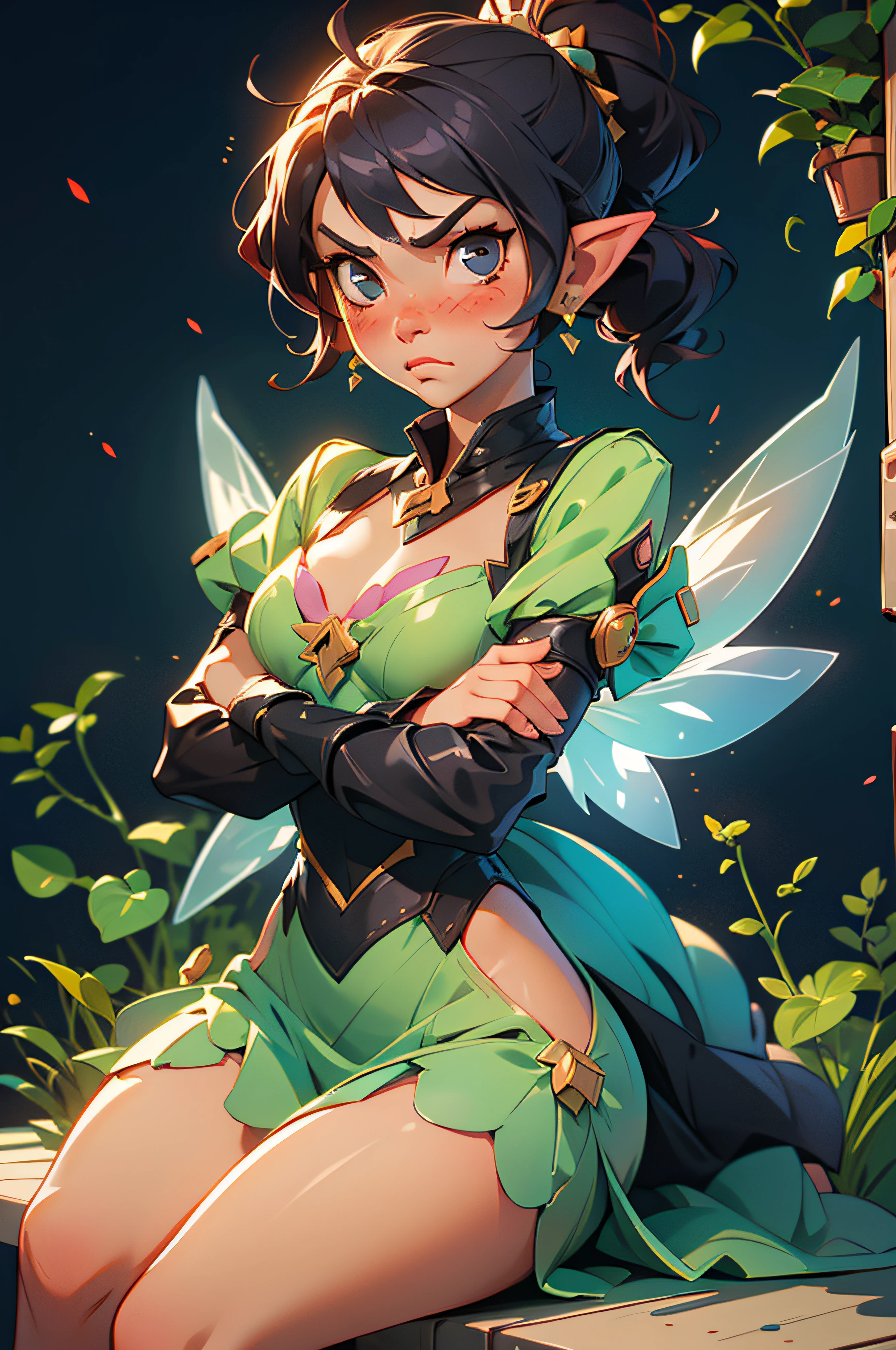 (masterpiece, best quality, high resolution:1.4), 1girl, tinker bell, short ponytail, fairy wings,(black:2 fairy outfit), crossed arms, crossed legs, angry, puffy cheeks, full-face blush, looking at viewer, tsundere,