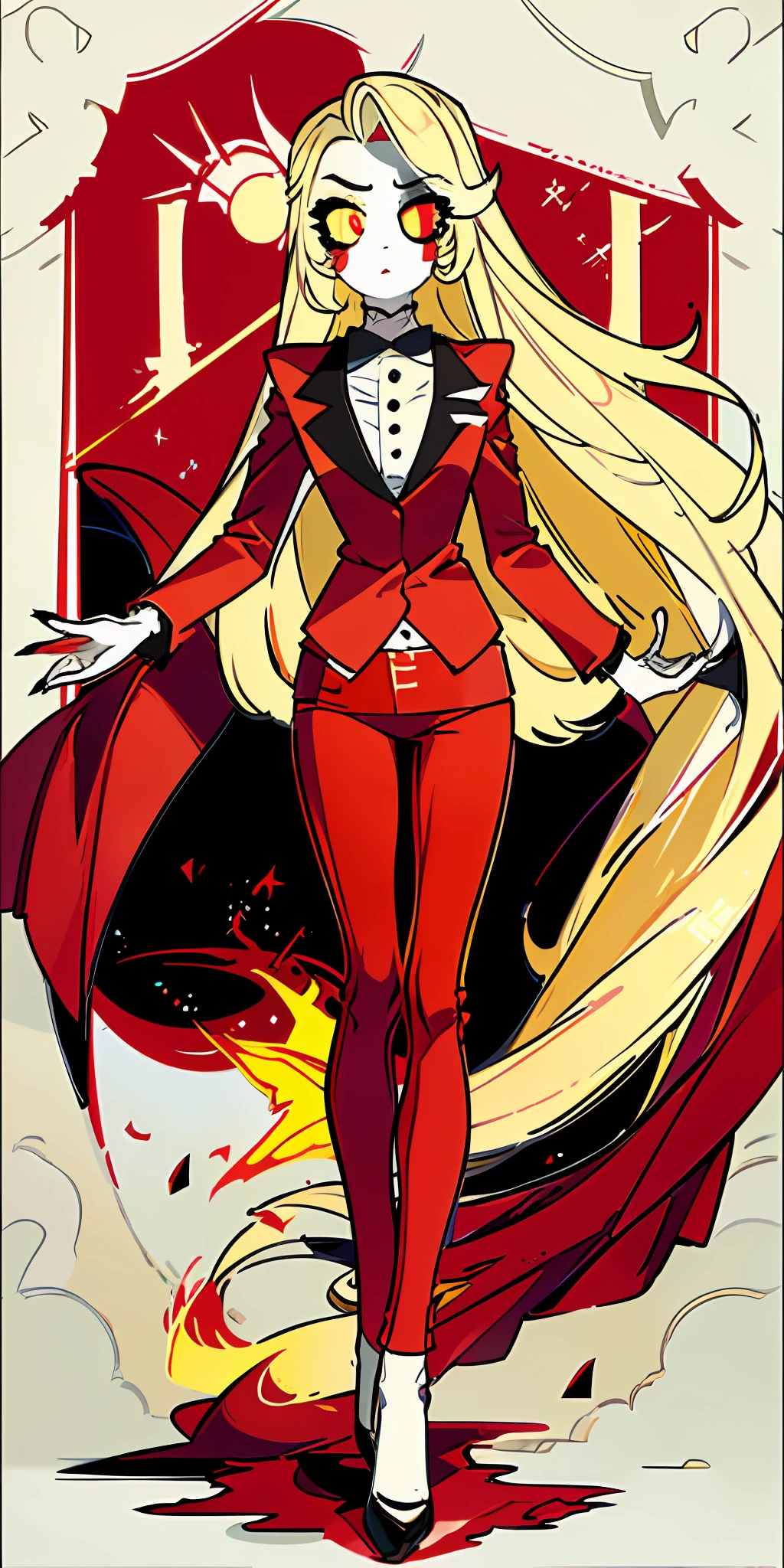 Charlie Morningstar, long hair, red suit, red pants, 1girl, yellow sclera, blonde hair, white skin