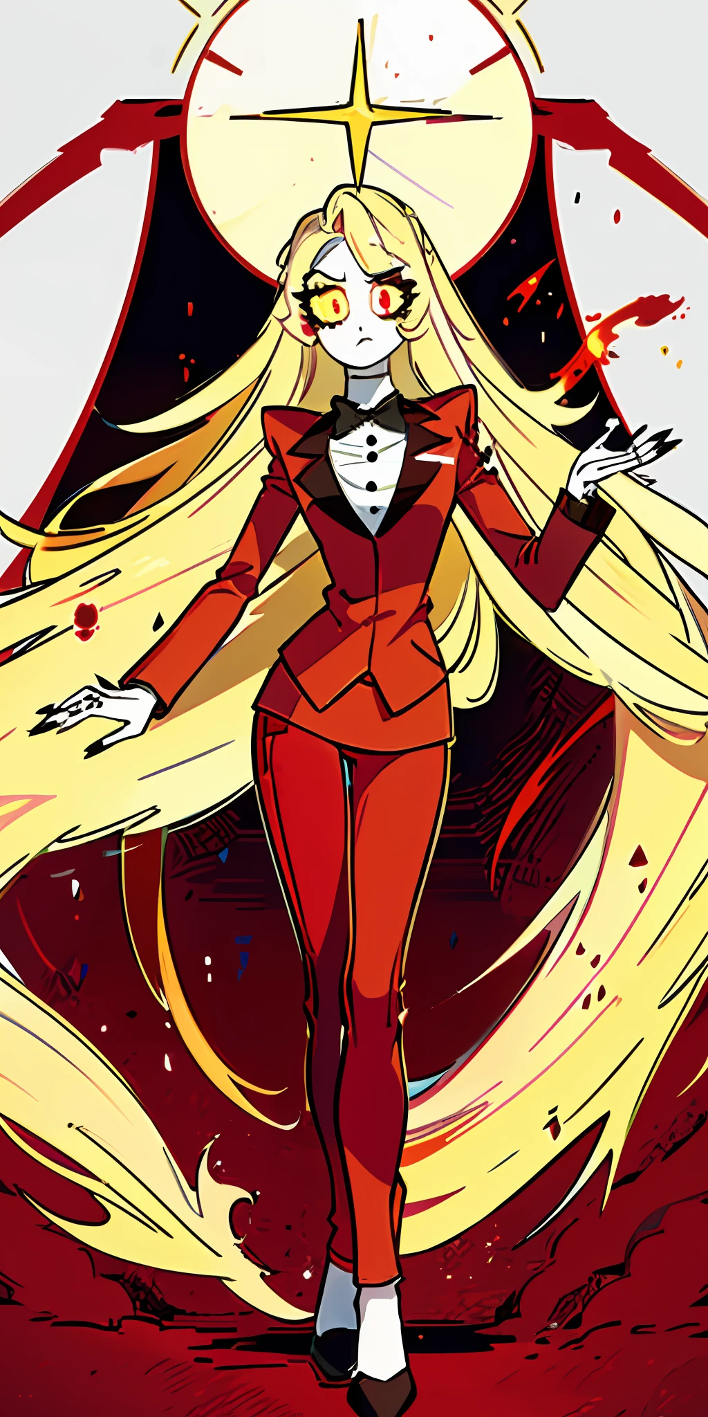 Charlie Morningstar, long hair, red suit, red pants, 1girl, yellow sclera, blonde hair, white skin